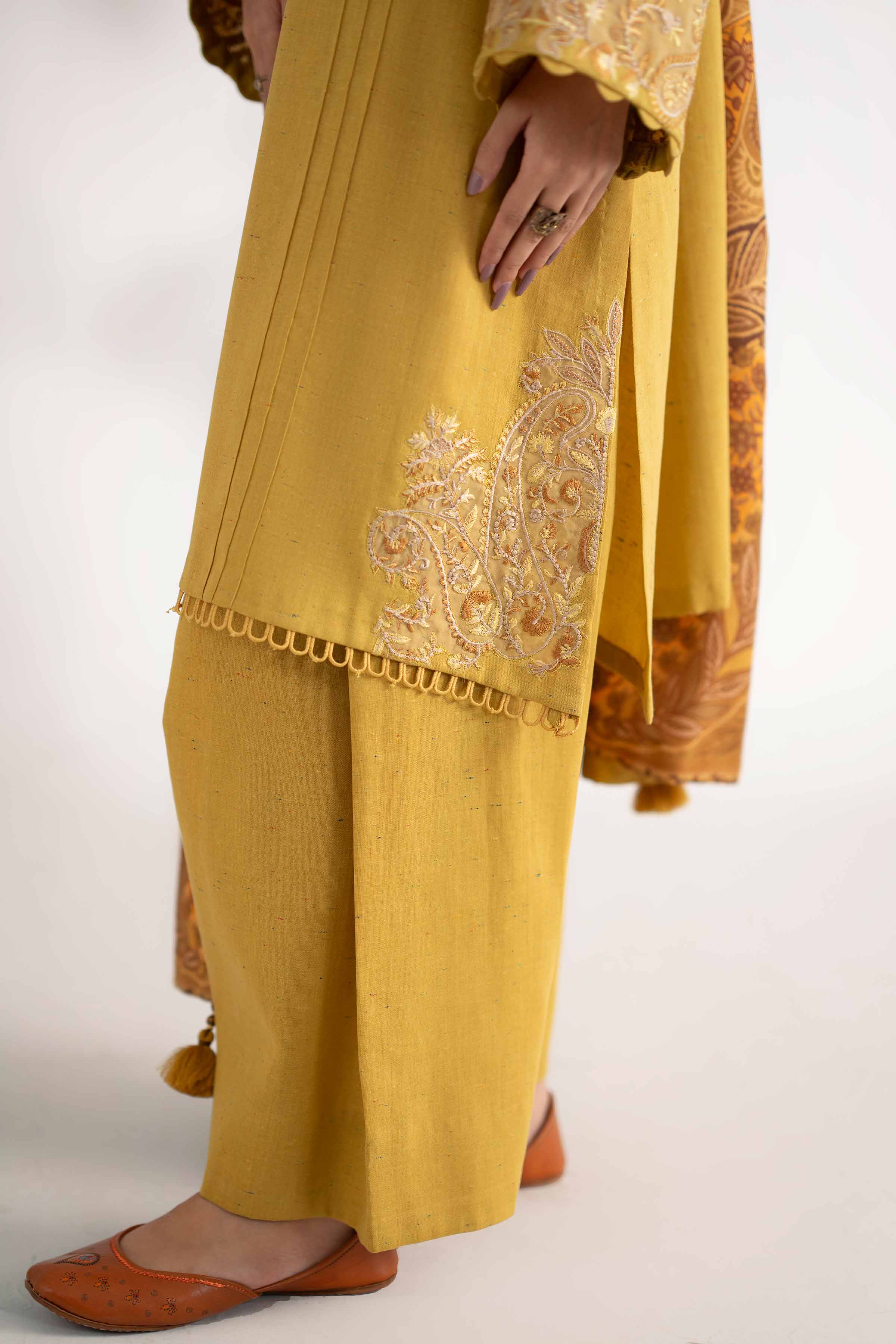 NISHATUAE - Mustard Embroidered Neps 3-piece Unstitched Suit
