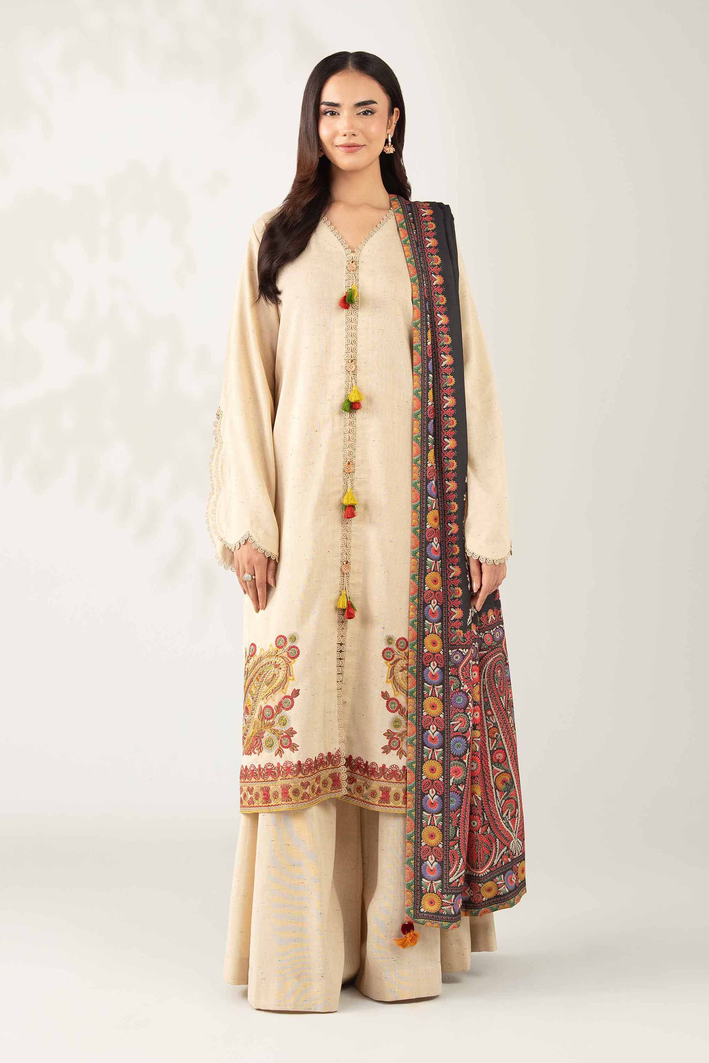 NISHATUAE - Cream Embroidered Neps 3-piece Unstitched Suit