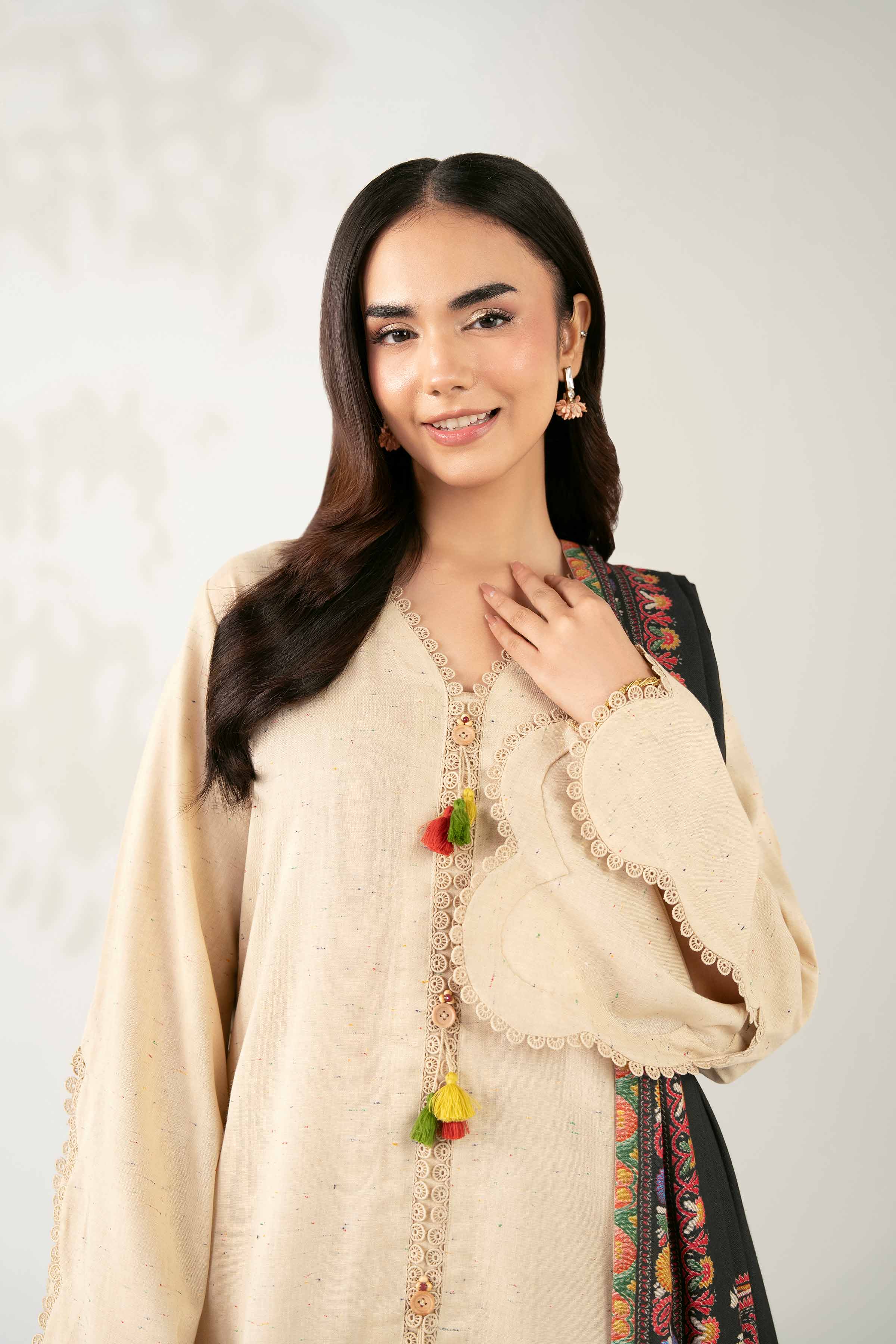 NISHATUAE - Cream Embroidered Neps 3-piece Unstitched Suit