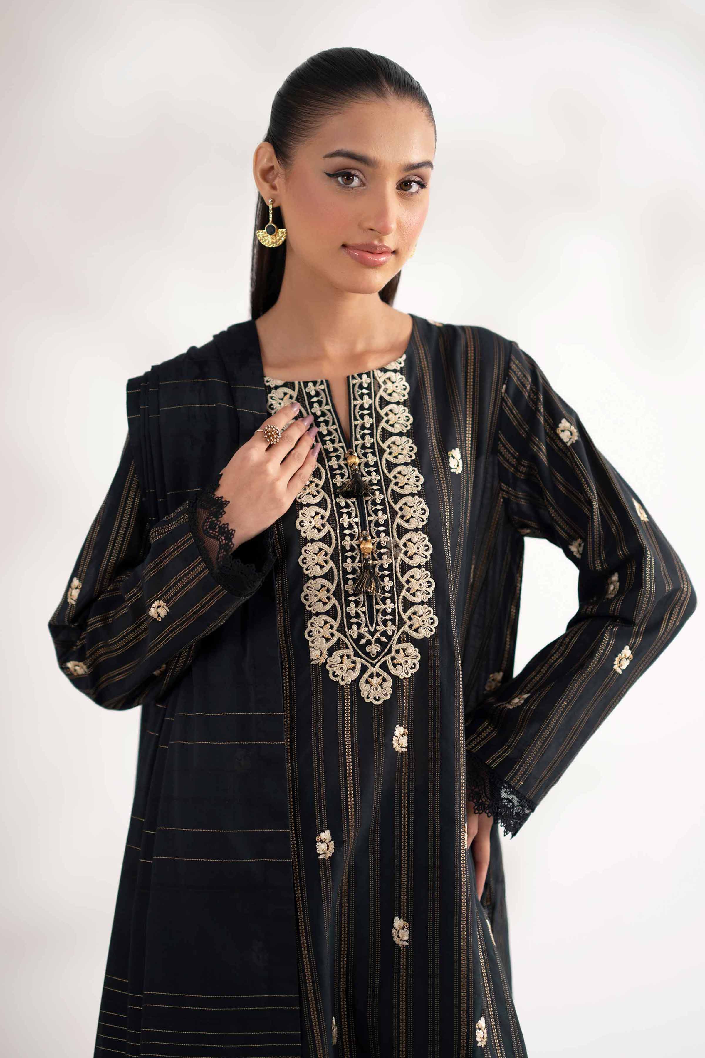 NISHATUAE - Black Embroidered Lawn 3-piece Unstitched Suit
