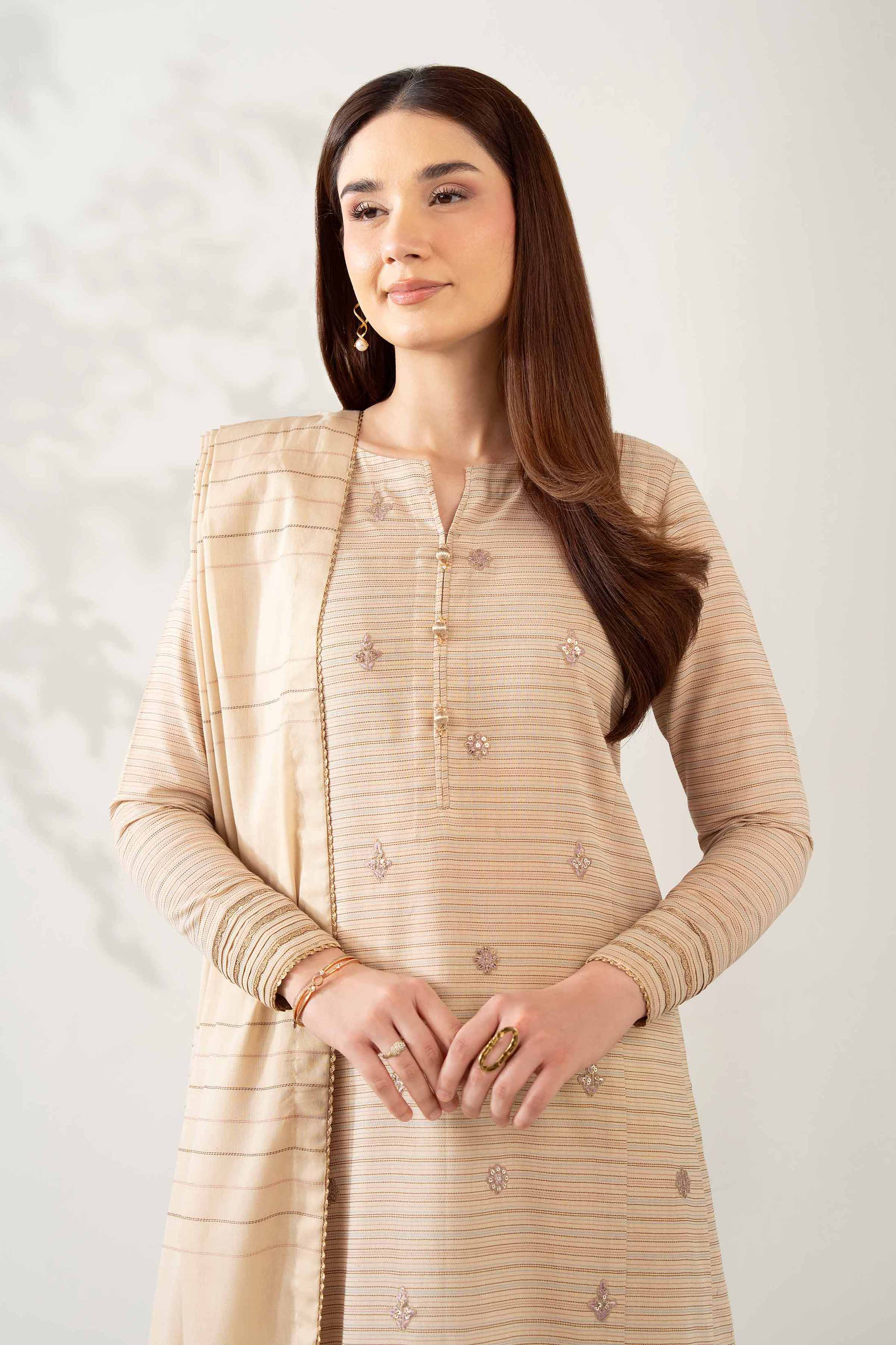 NISHATUAE - Beige Embroidered Lawn 3-piece Unstitched Suit