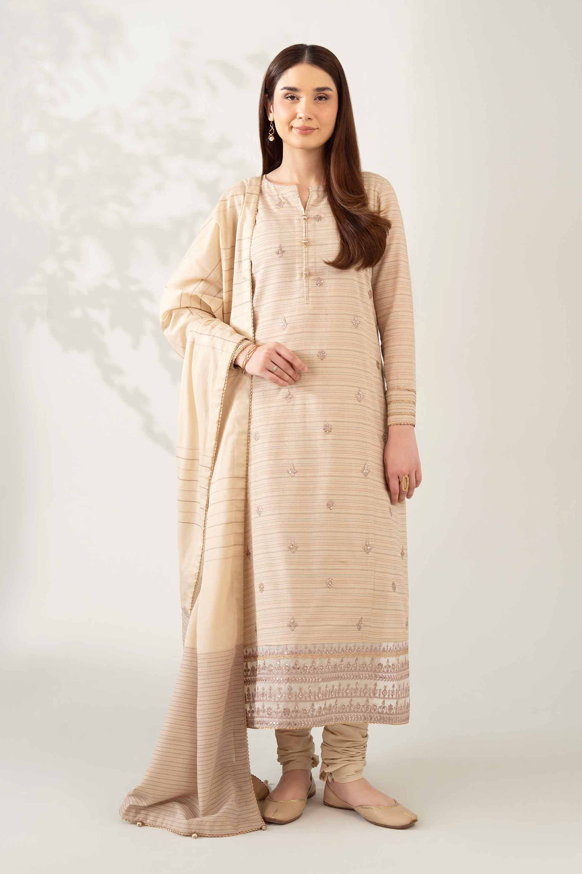 NISHATUAE - Beige Embroidered Lawn 3-piece Unstitched Suit