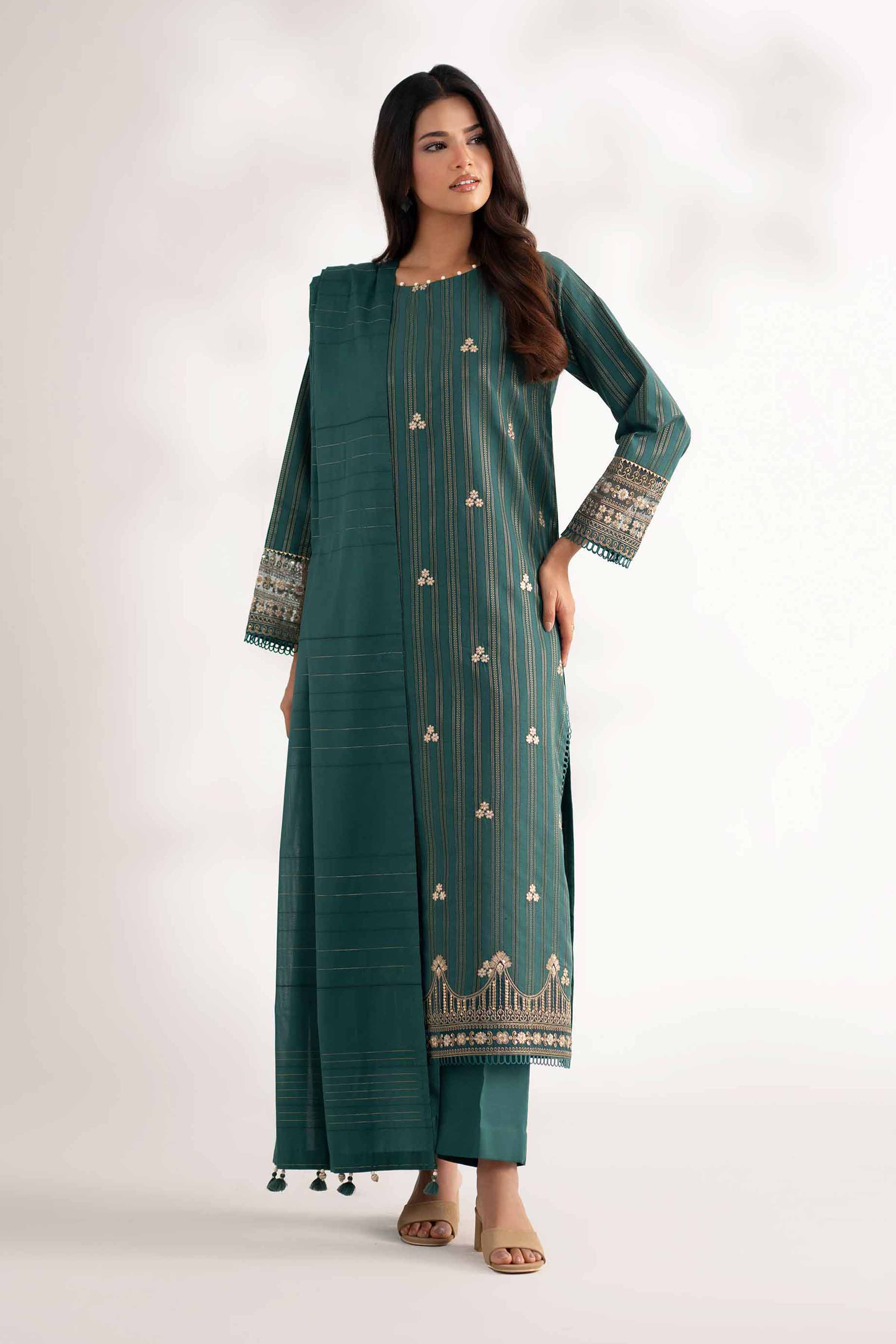 NISHATUAE - Green Embroidered Lawn 3-piece Unstitched Suit