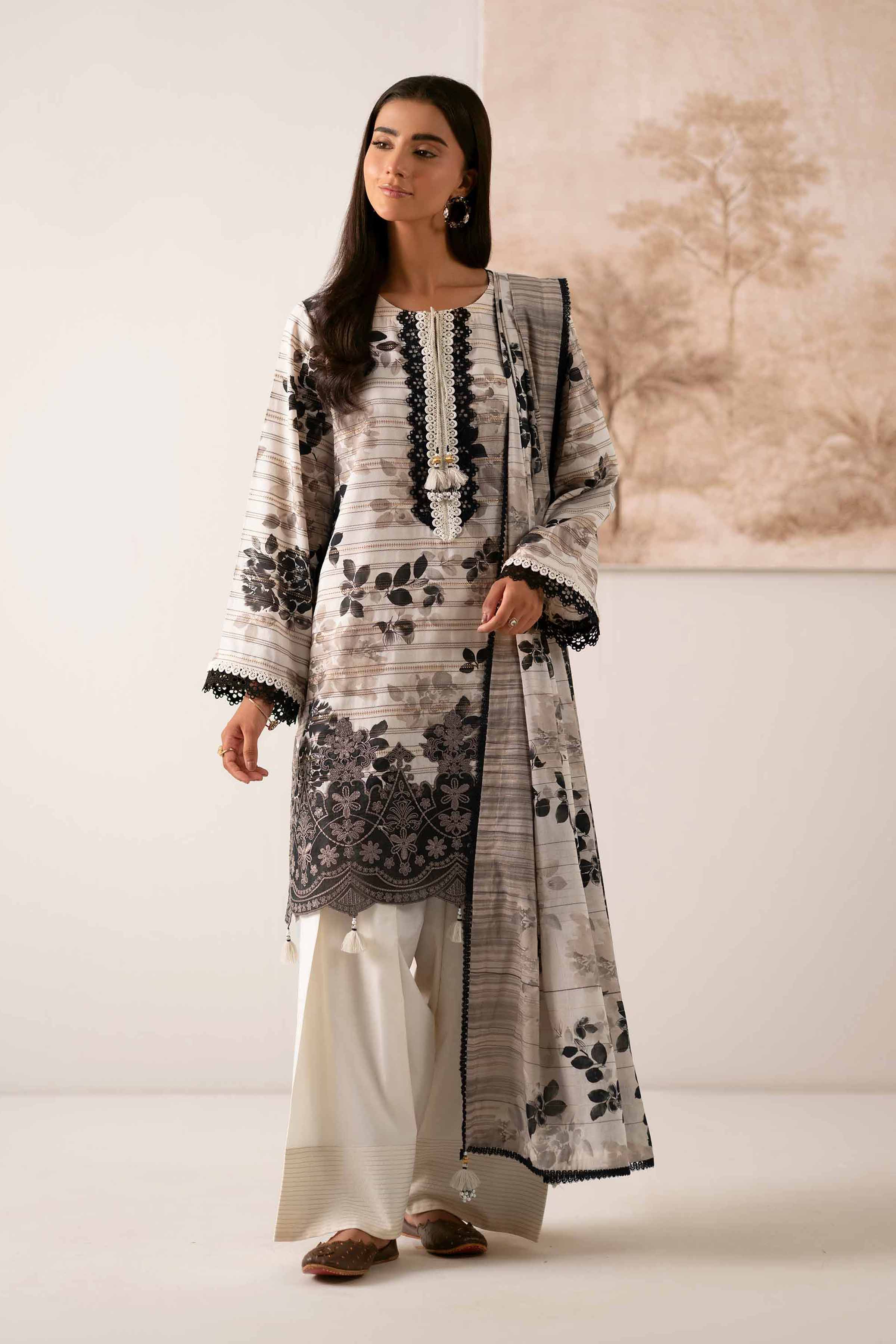NISHATUAE - Off White Embroidered Stripe 3-piece Unstitched Suit