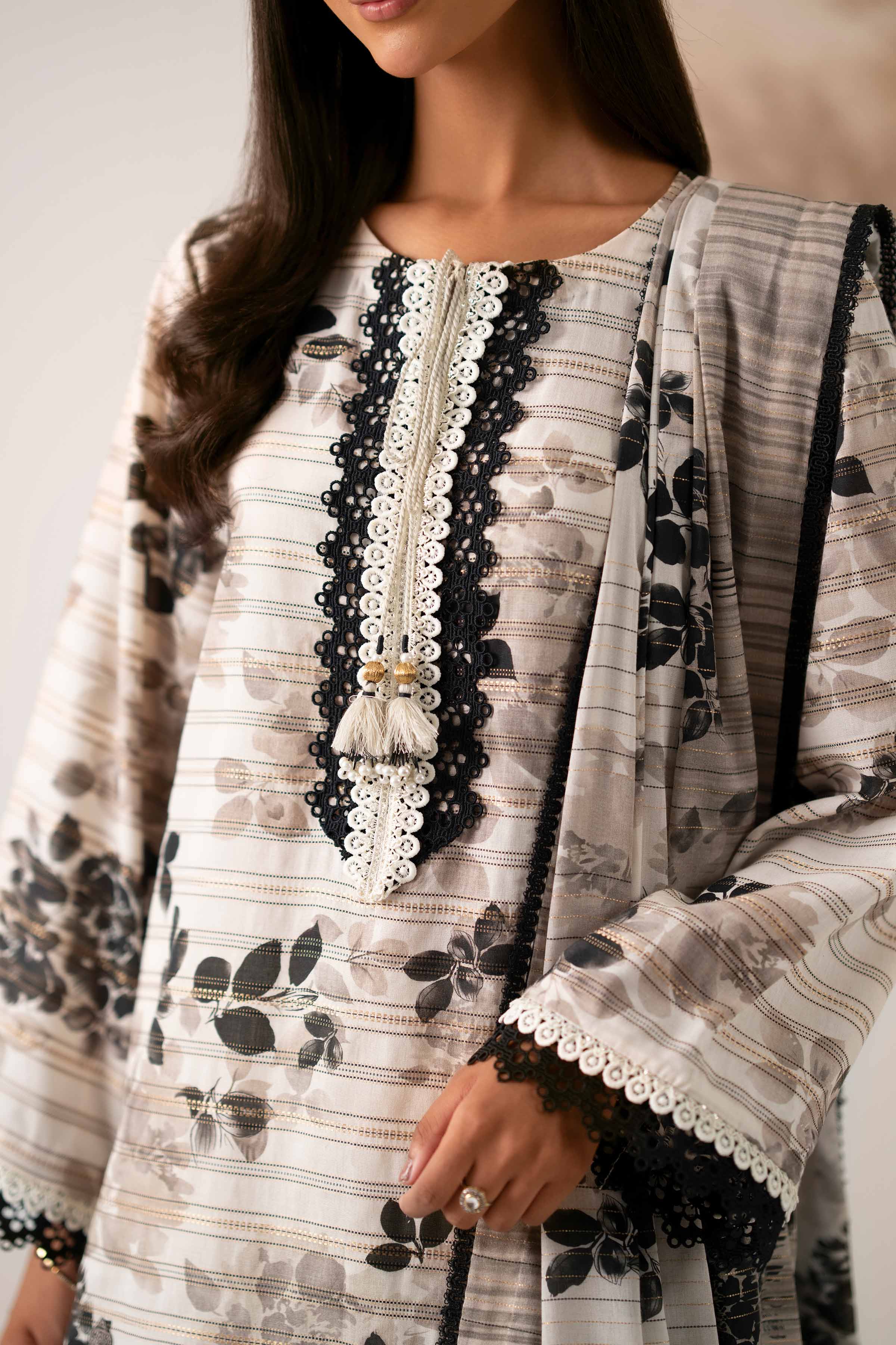 NISHATUAE - Off White Embroidered Stripe 3-piece Unstitched Suit