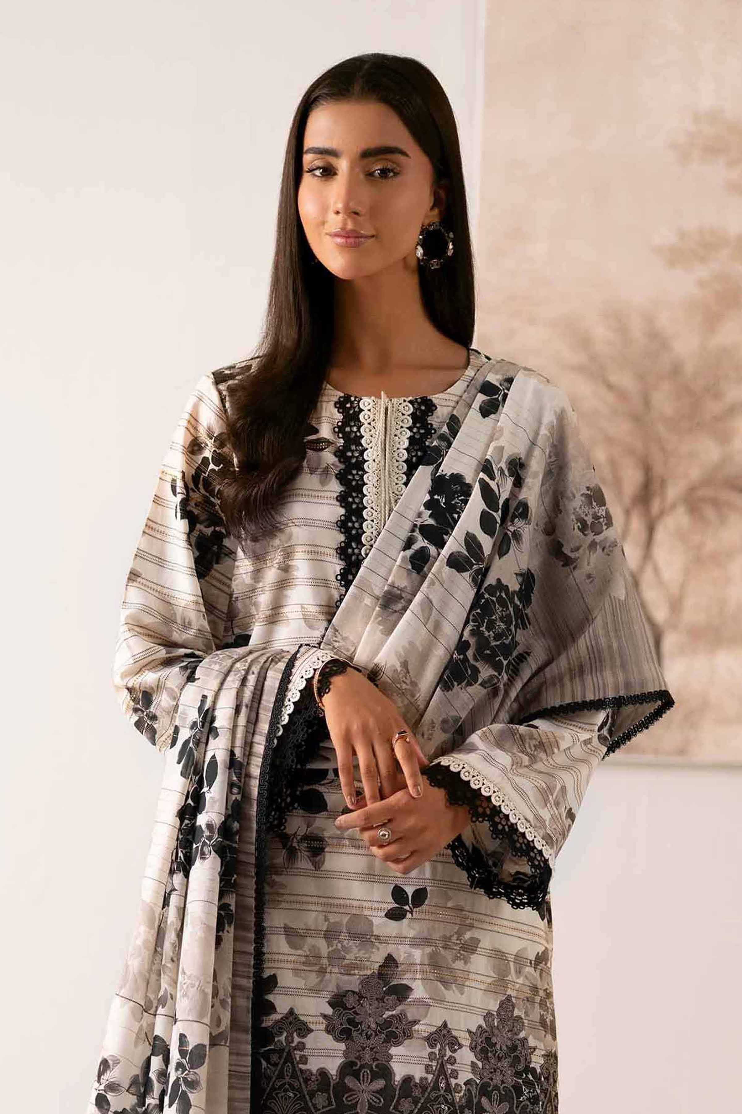 NISHATUAE - Off White Embroidered Stripe 3-piece Unstitched Suit
