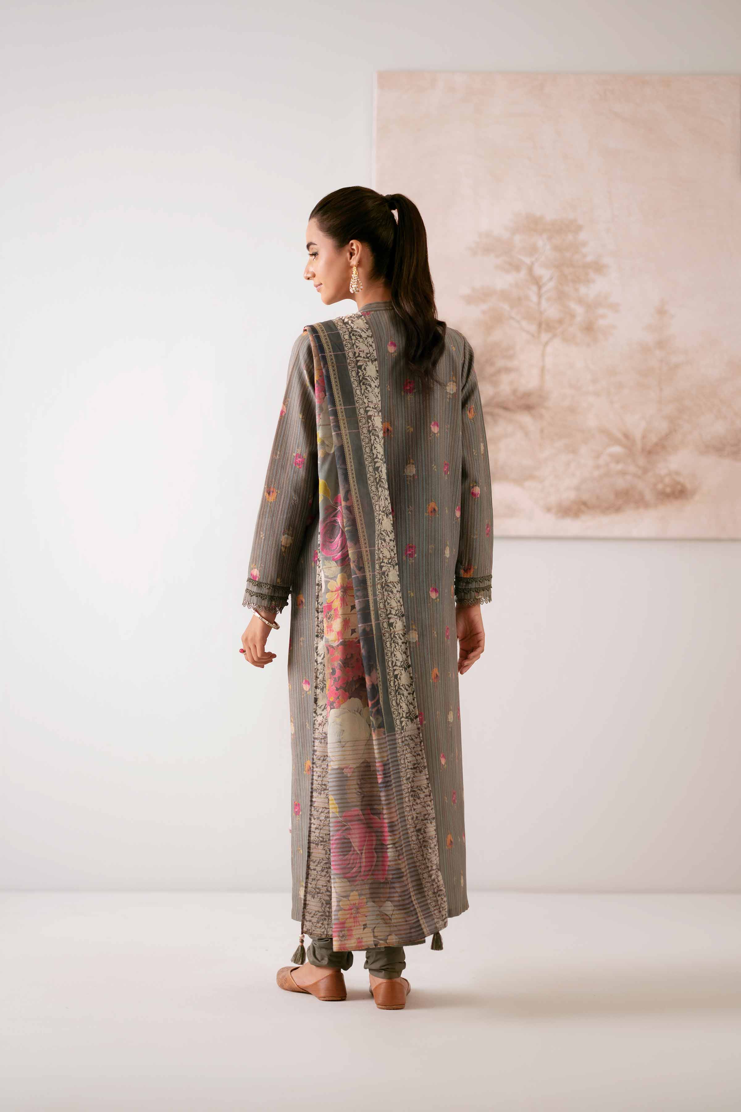 NISHATUAE - Green Embroidered Stripe 3-piece Unstitched Suit