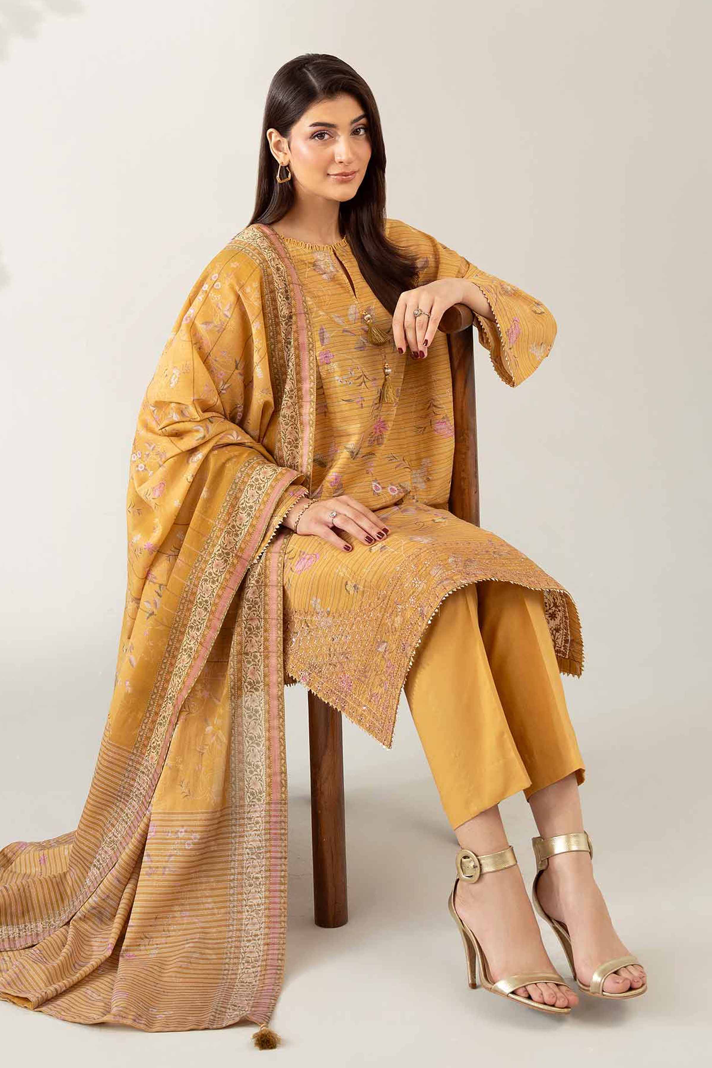 NISHATUAE - Mustard Embroidered Lawn 3-piece Unstitched Suit
