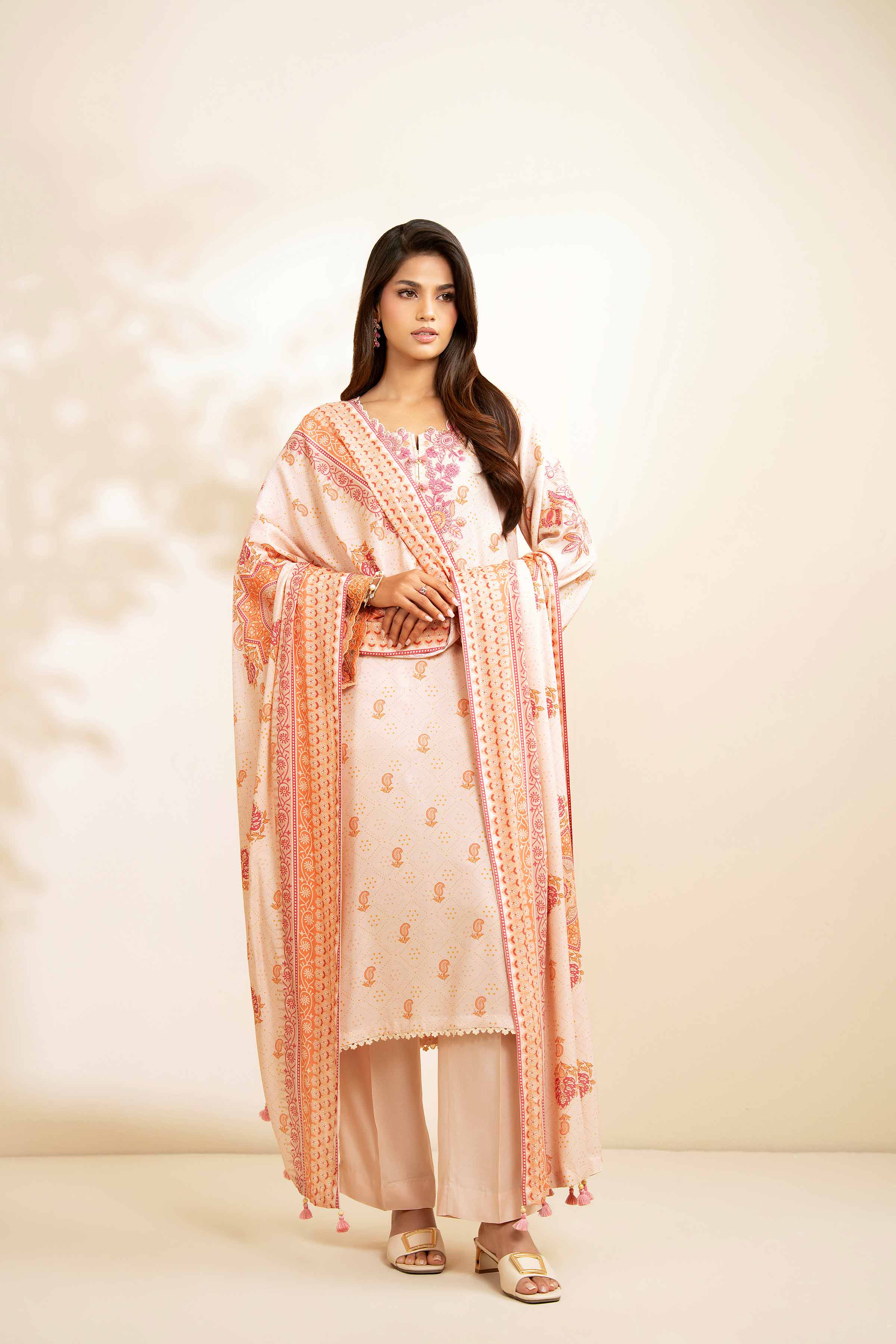 NISHATUAE - Peach Embroidered Linen 3-piece Unstitched Suit