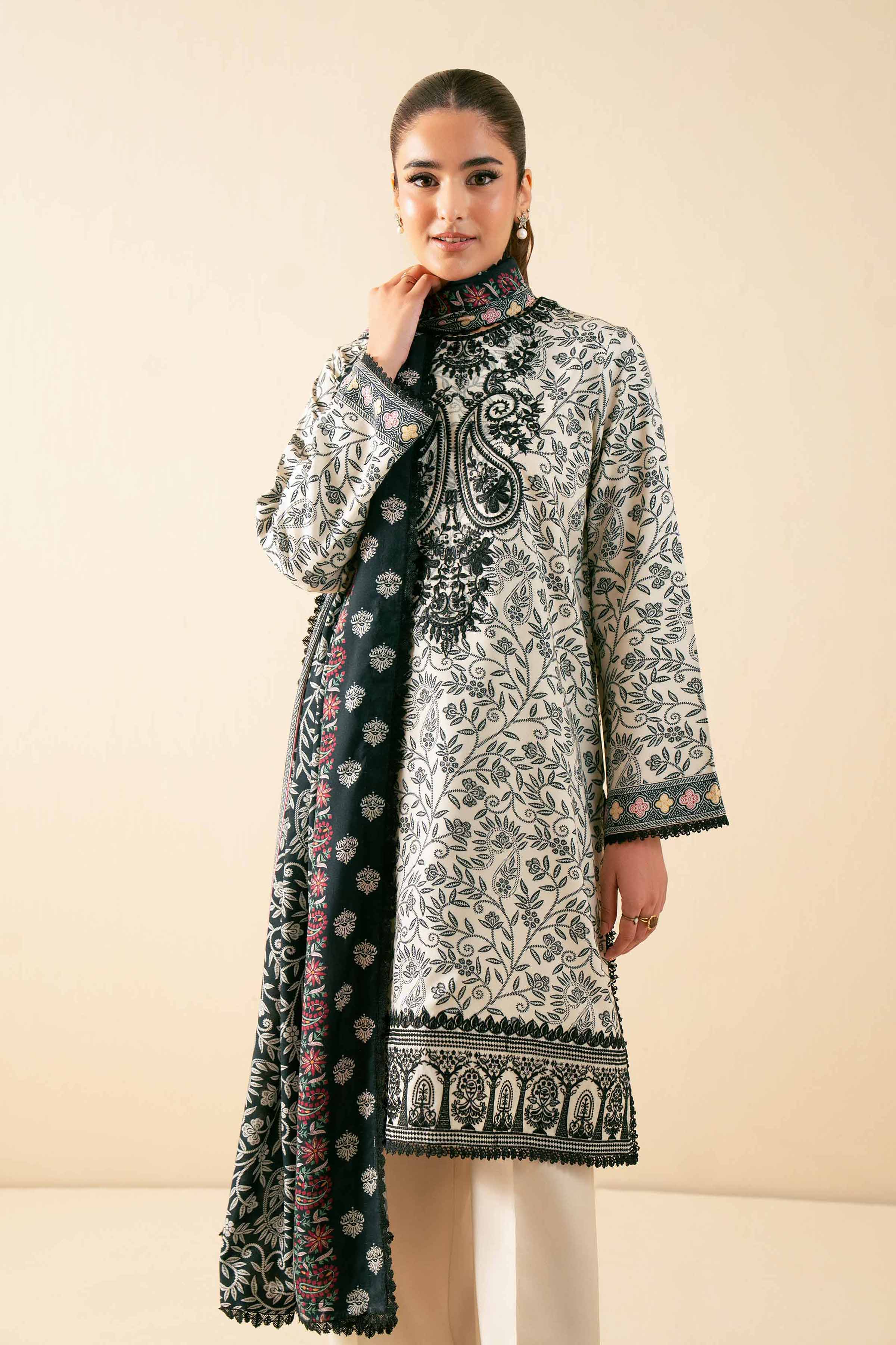 NISHATUAE - Off White Embroidered Linen 3-piece Unstitched Suit