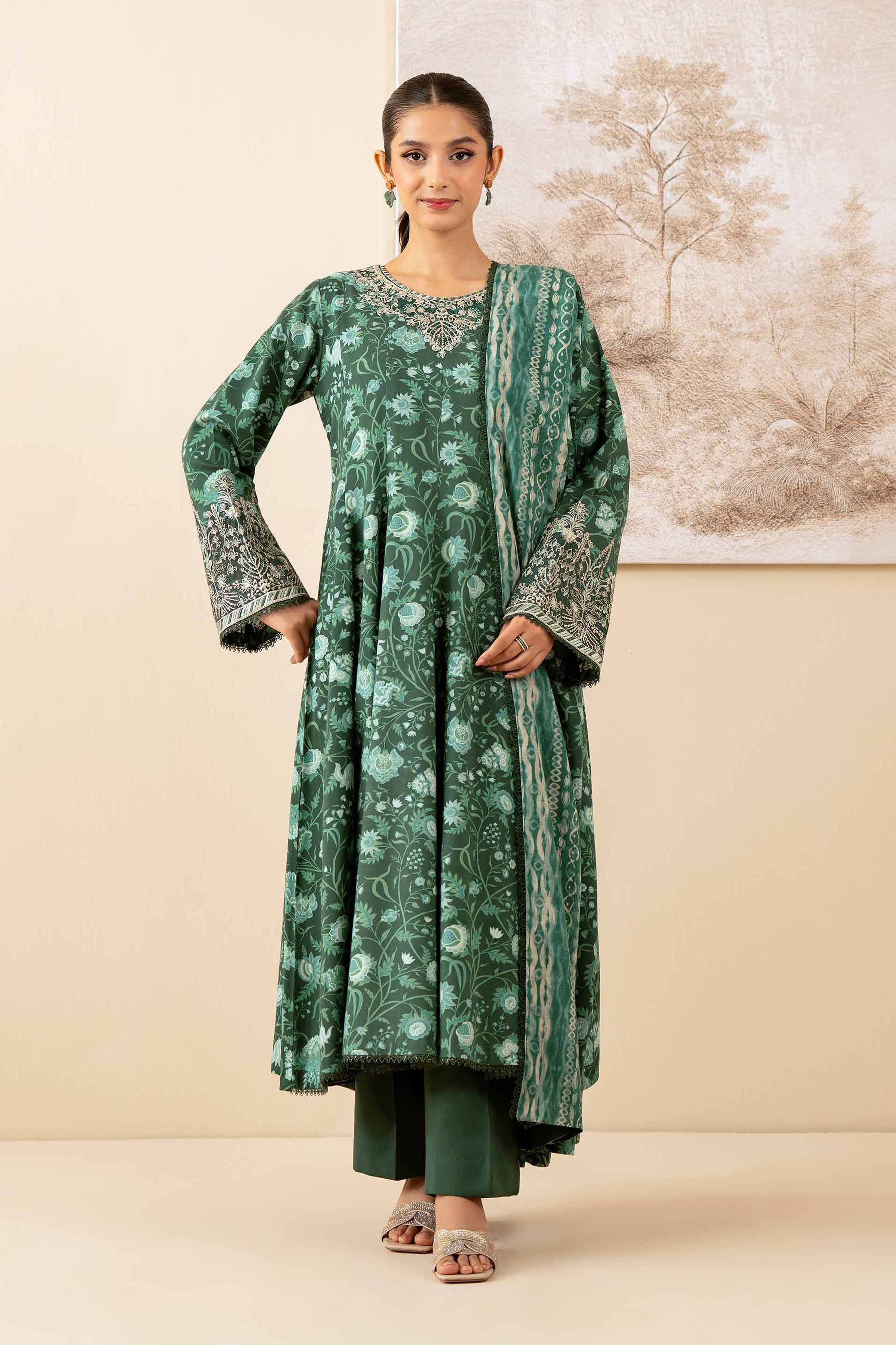 NISHATUAE - Green Embroidered Linen 3-piece Unstitched Suit
