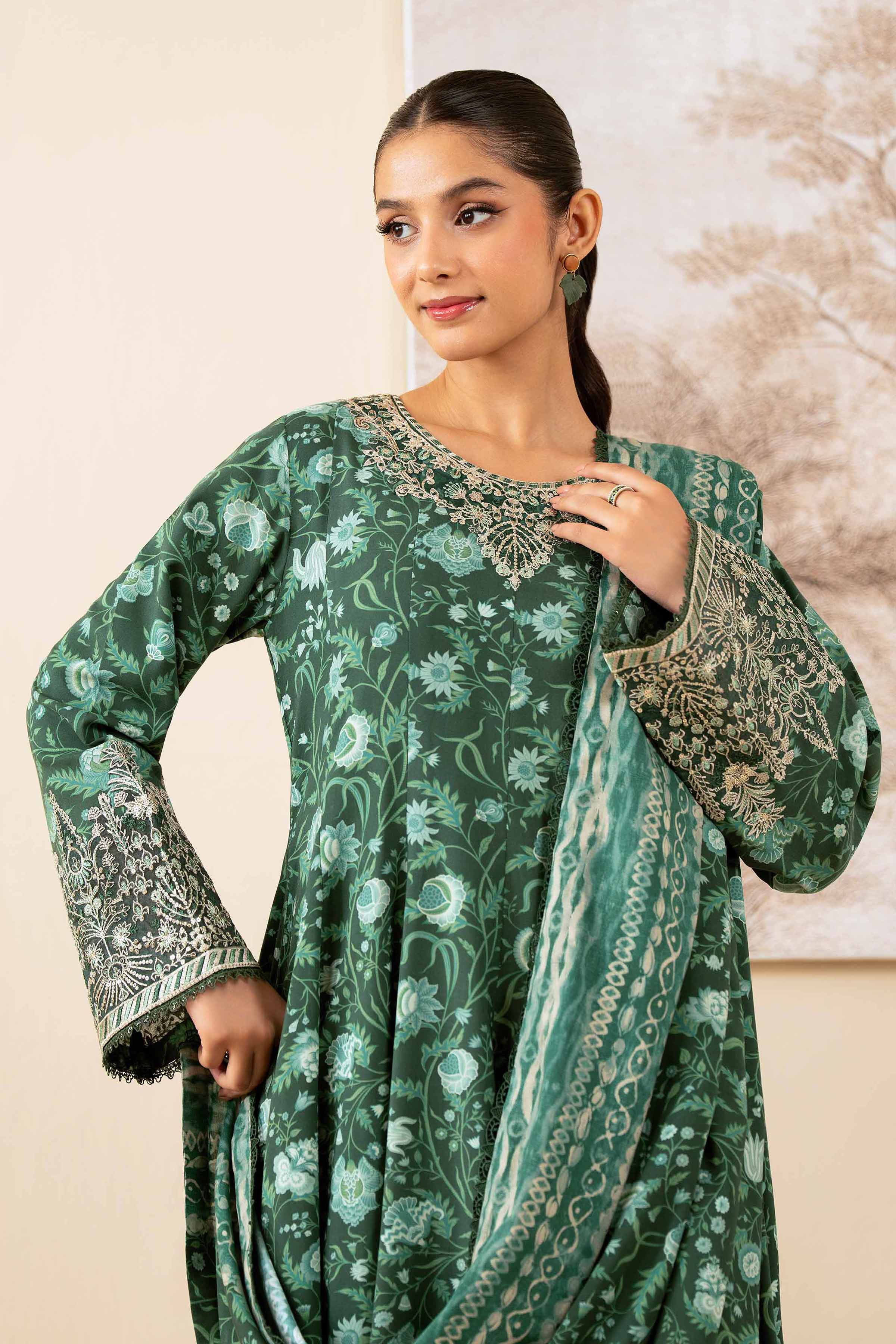 NISHATUAE - Green Embroidered Linen 3-piece Unstitched Suit
