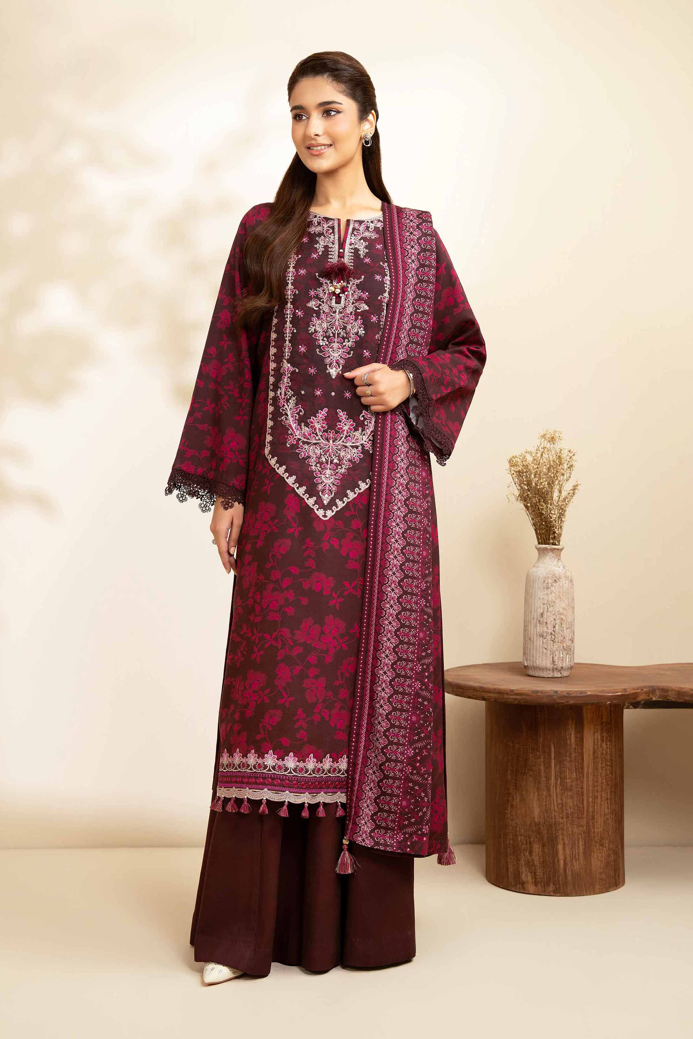 NISHATUAE - Purple Embroidered Linen 3-piece Unstitched Suit