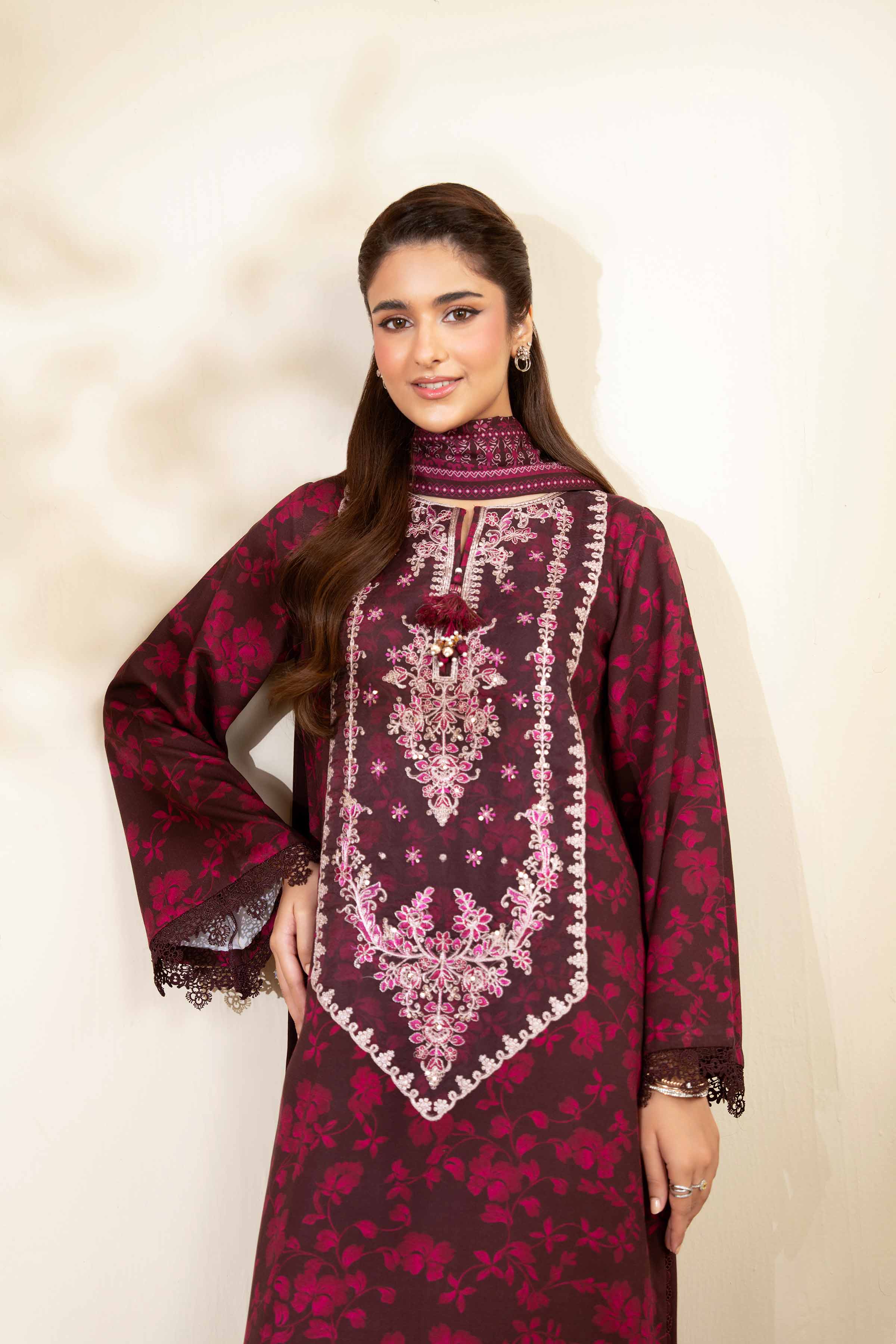 NISHATUAE - Purple Embroidered Linen 3-piece Unstitched Suit