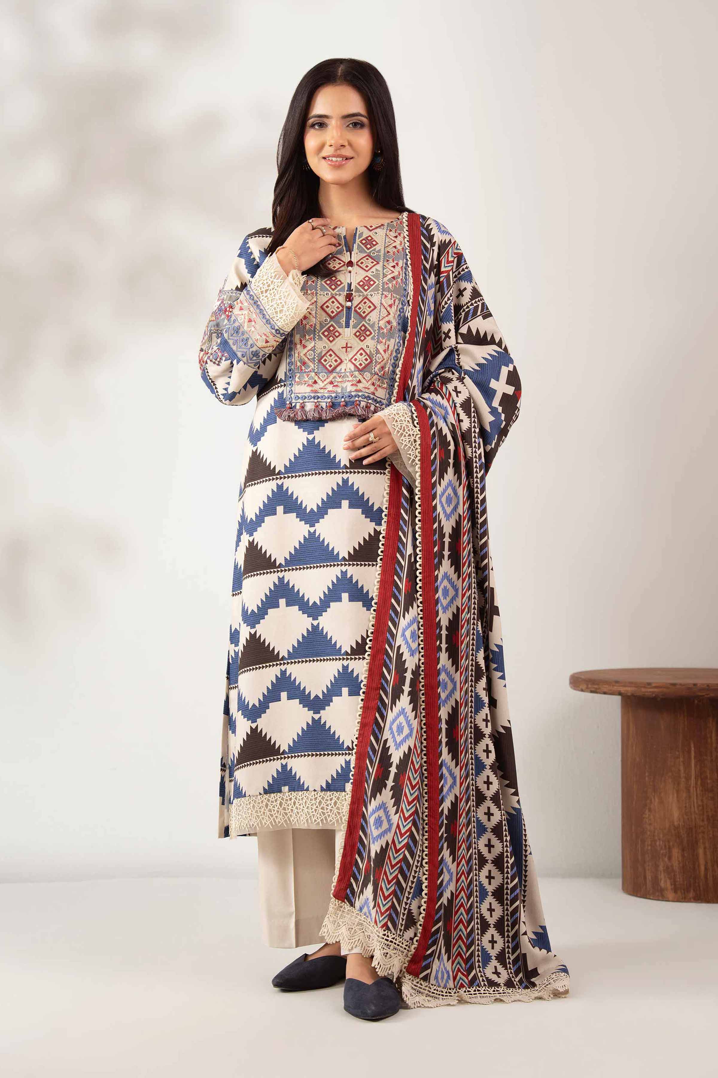 NISHATUAE - Beige Embroidered Linen 3-piece Unstitched Suit