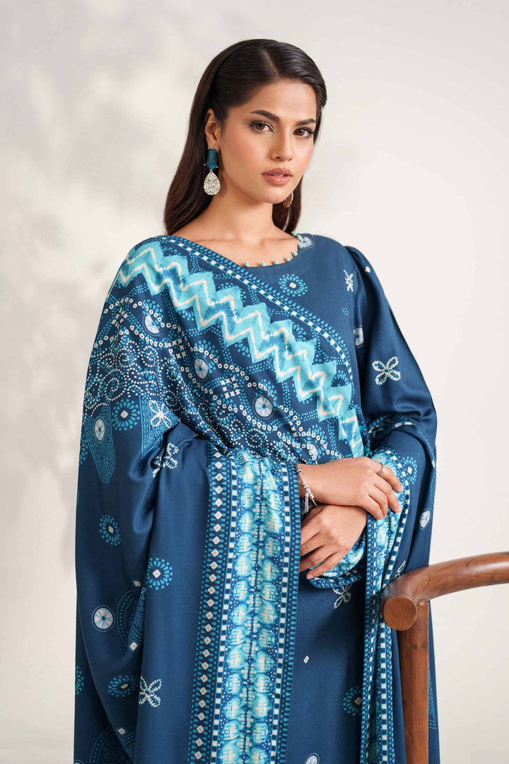NISHATUAE - Blue Printed Linen 3-piece Unstitched Suit