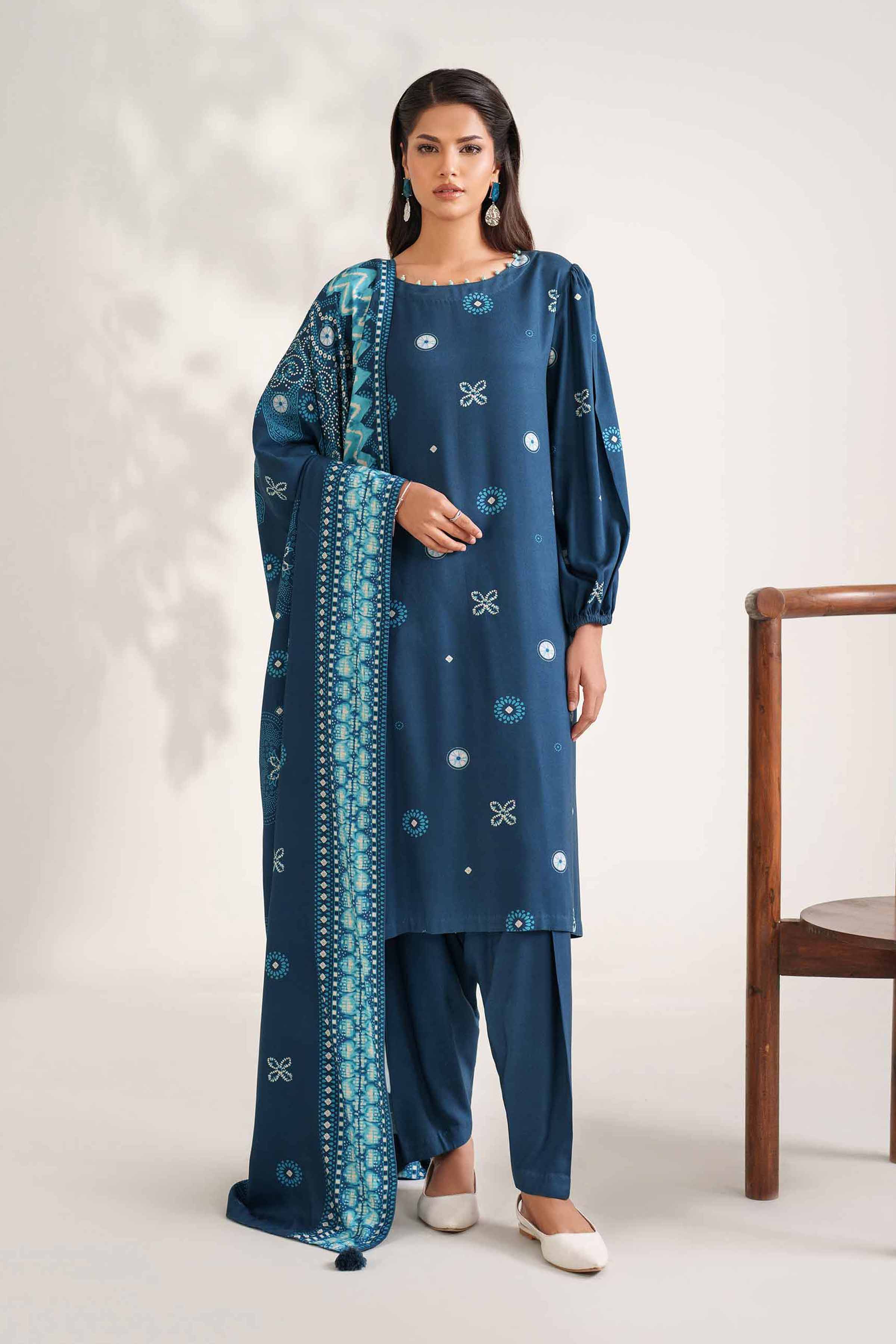 NISHATUAE - Blue Printed Linen 3-piece Unstitched Suit