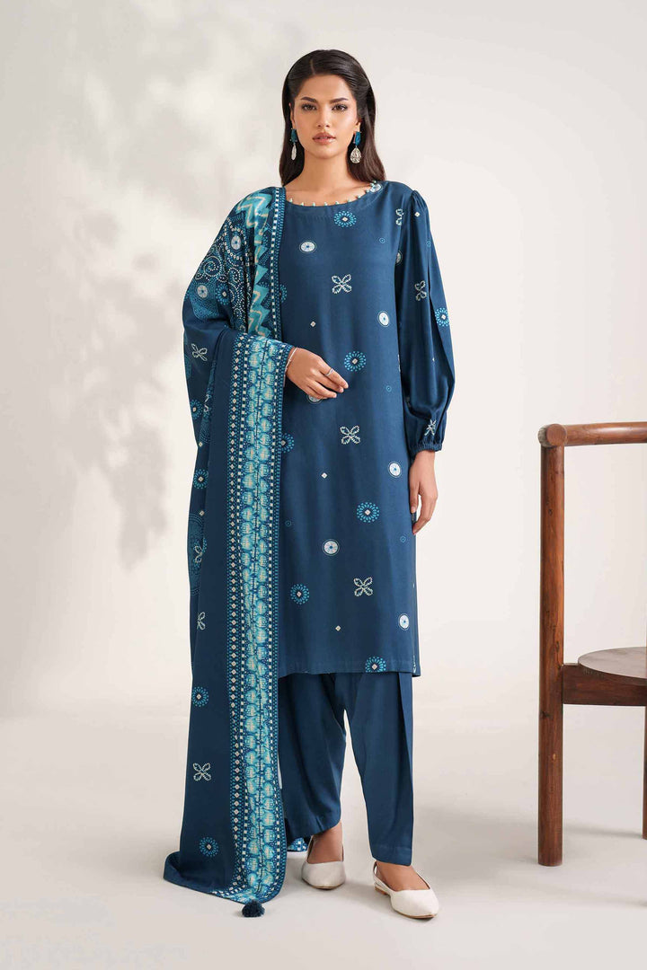NISHATUAE - Blue Printed Linen 3-piece Unstitched Suit