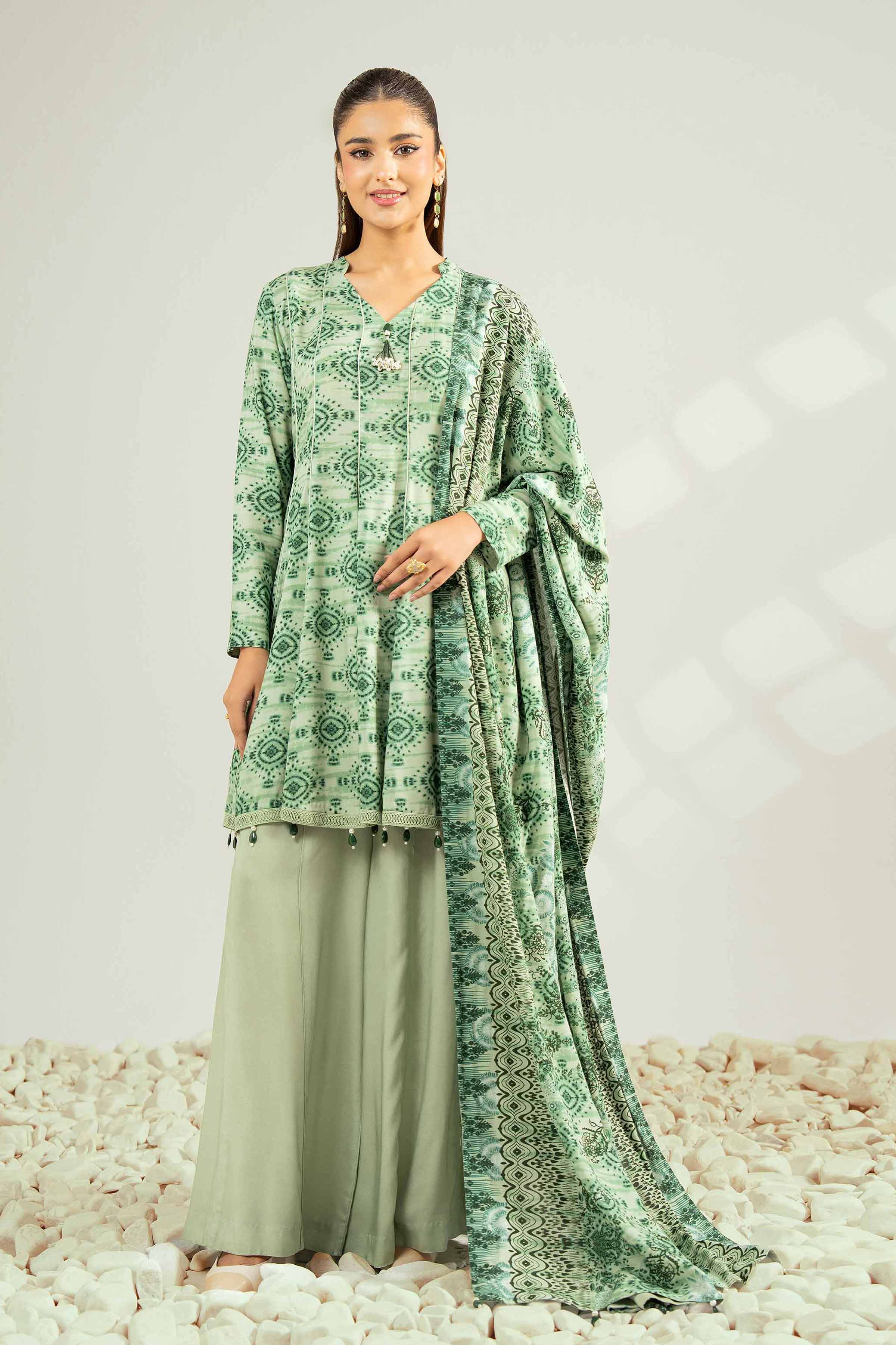 NISHATUAE - Green Printed Linen 3-piece Unstitched Suit