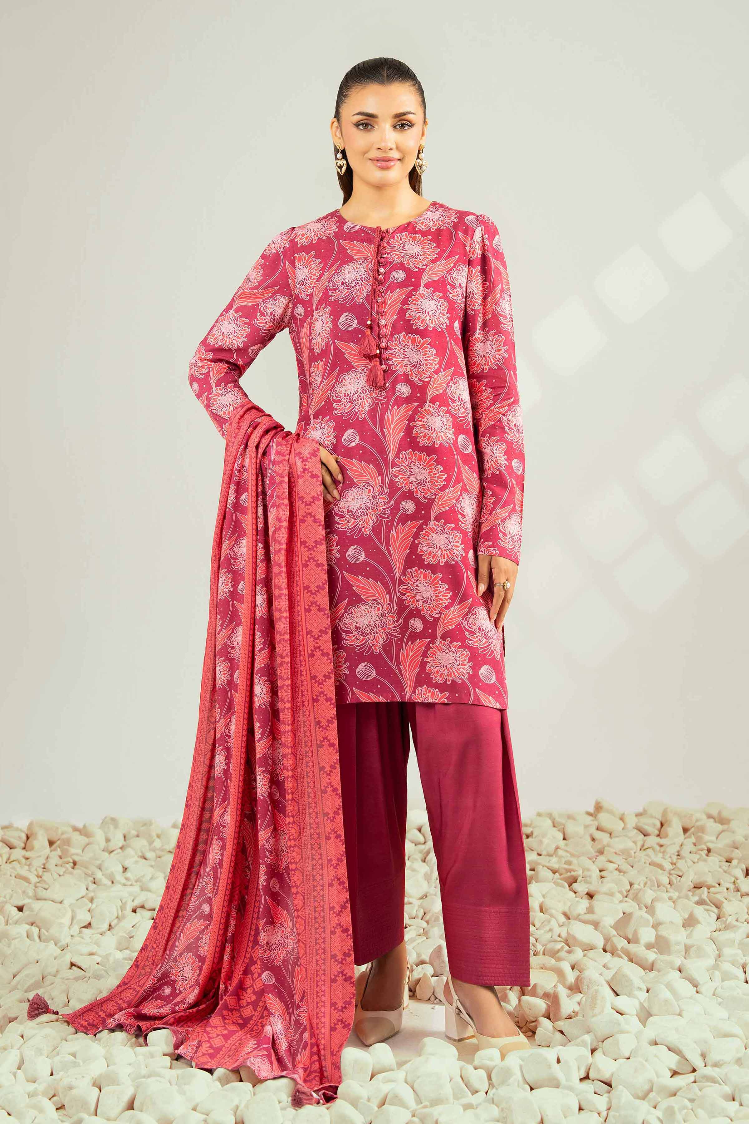 NISHATUAE - Maroon Printed Linen 3-piece Unstitched Suit