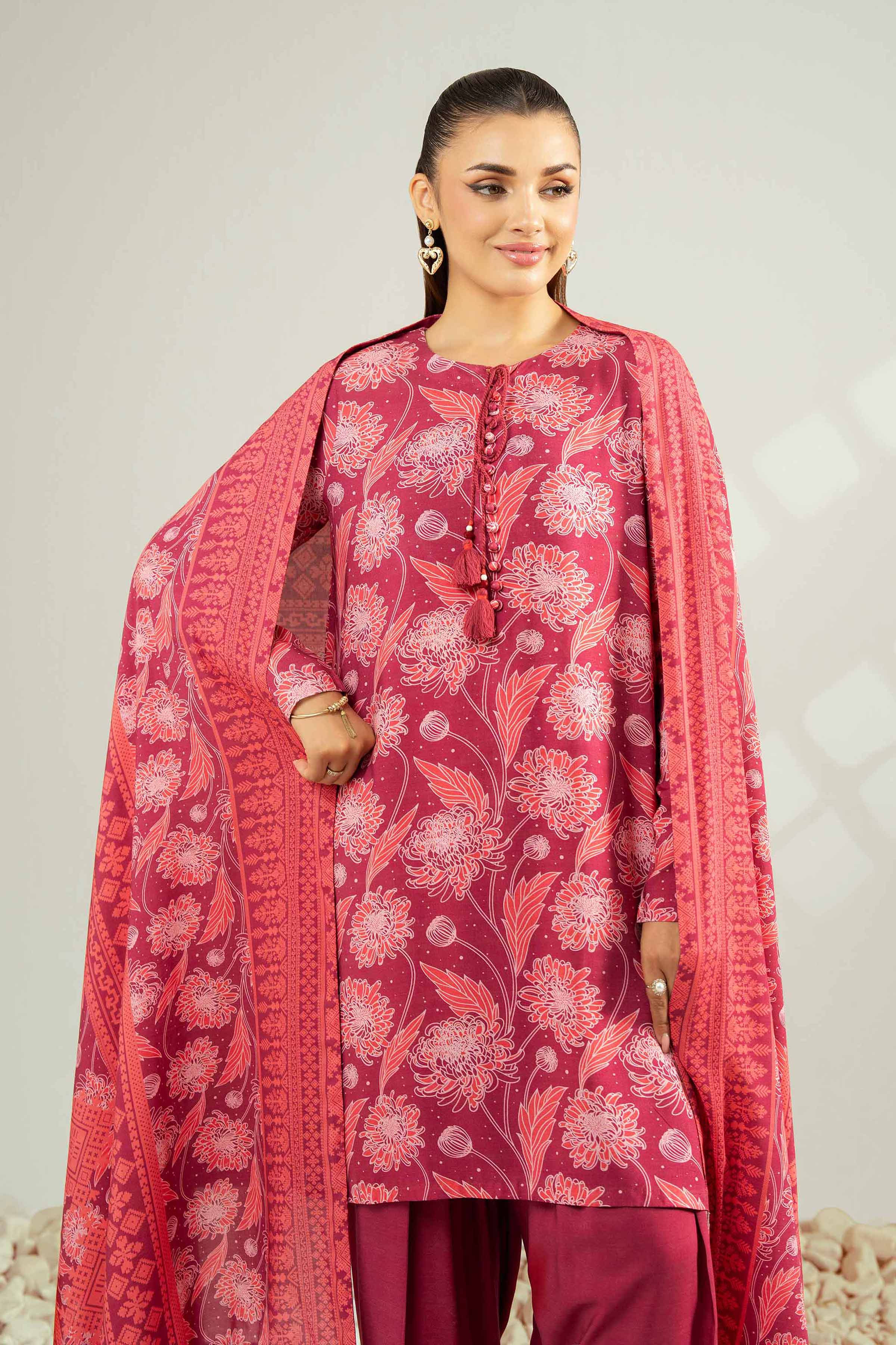 NISHATUAE - Maroon Printed Linen 3-piece Unstitched Suit