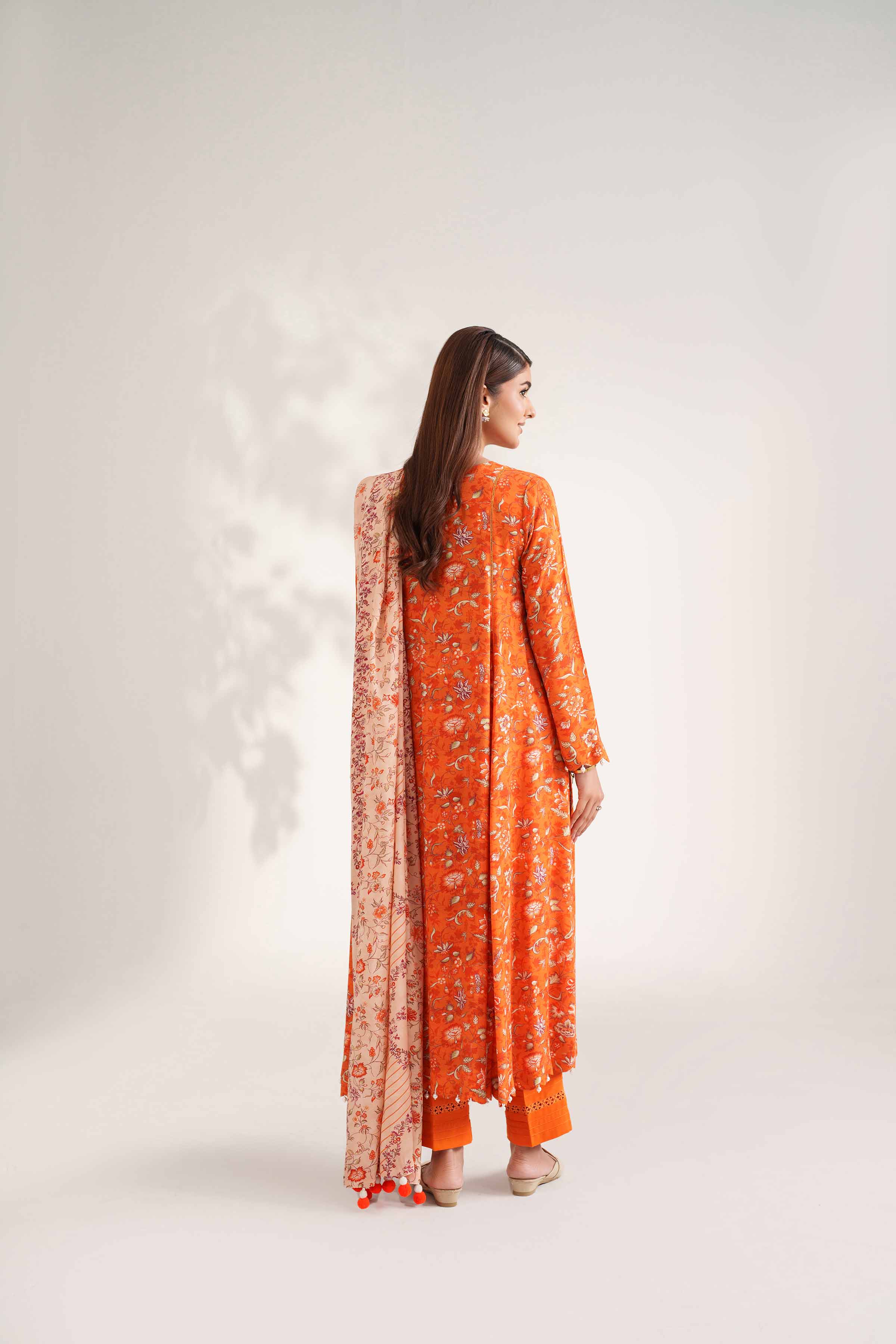 NISHATUAE - Orange Printed Linen 3-piece Unstitched Suit