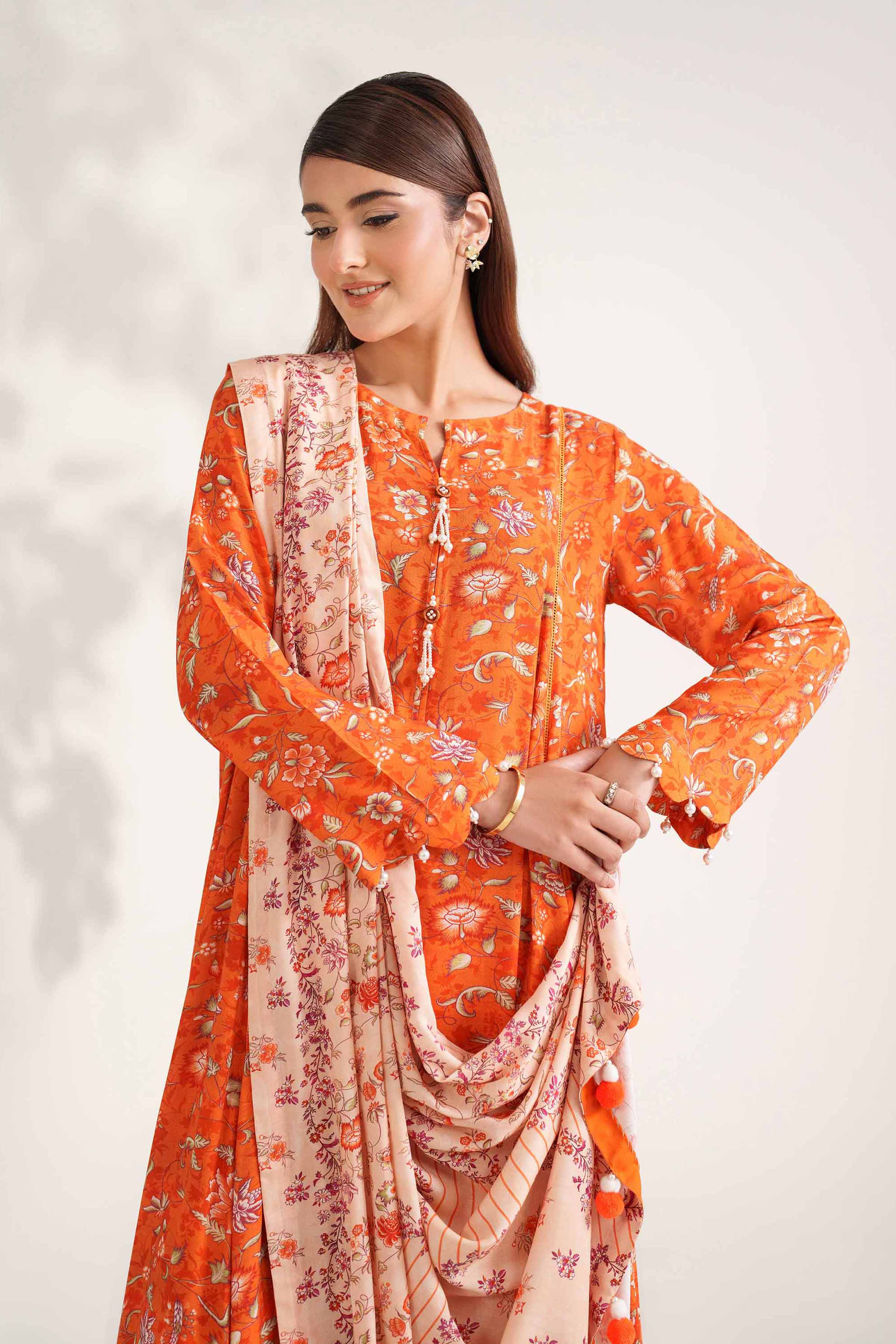 NISHATUAE - Orange Printed Linen 3-piece Unstitched Suit