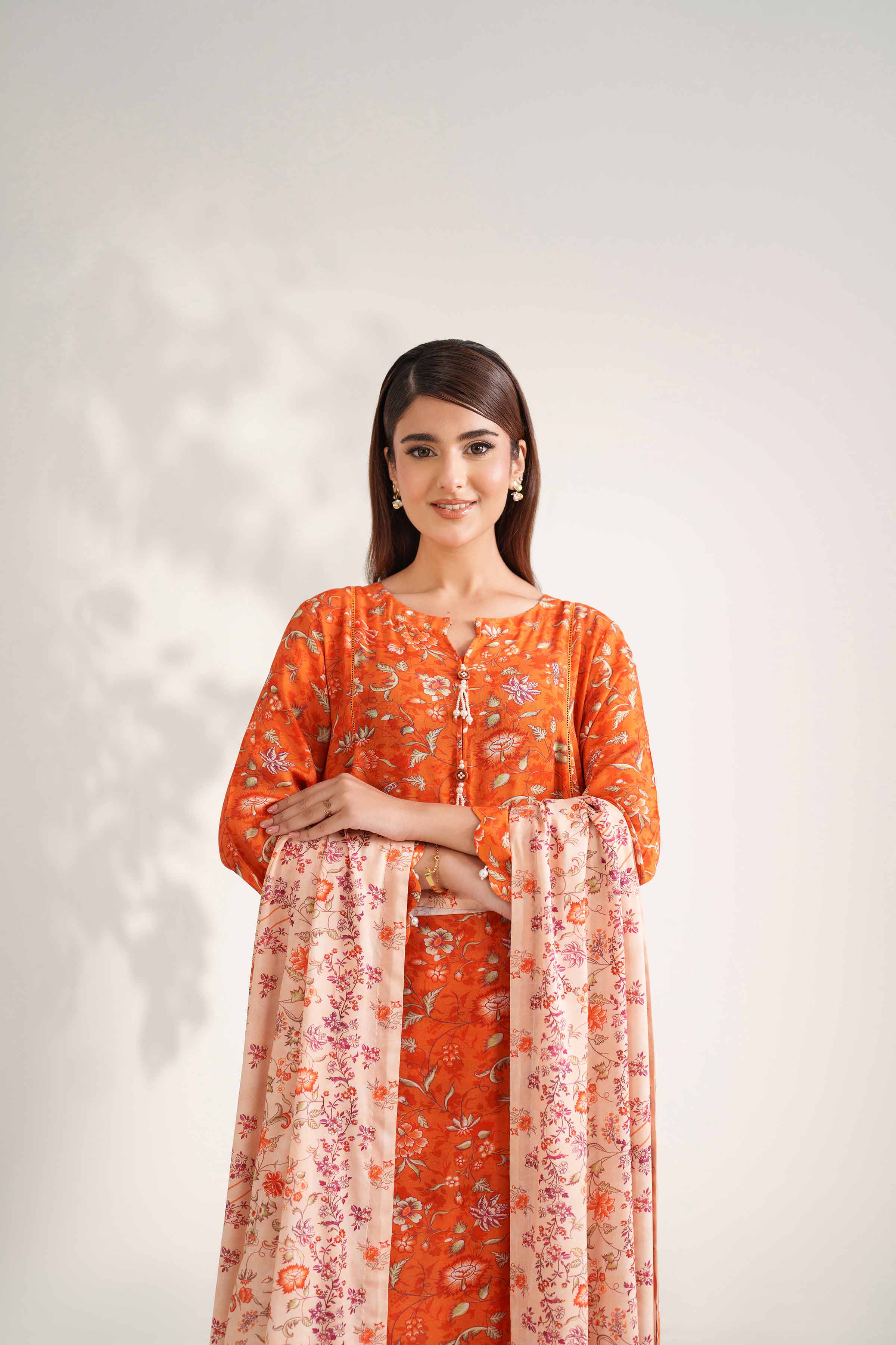 NISHATUAE - Orange Printed Linen 3-piece Unstitched Suit