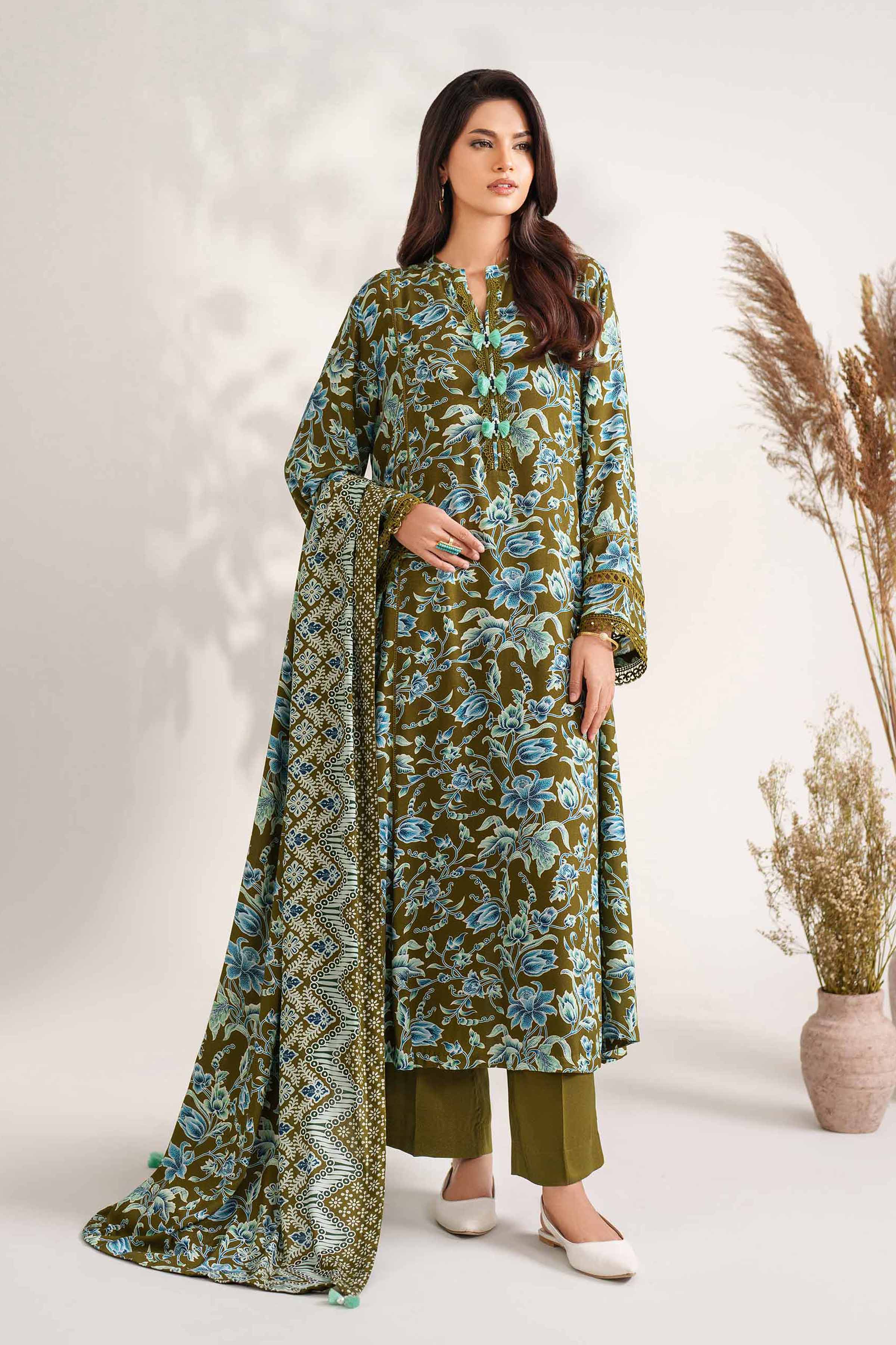 NISHATUAE - Brown Printed Linen 3-piece Unstitched Suit