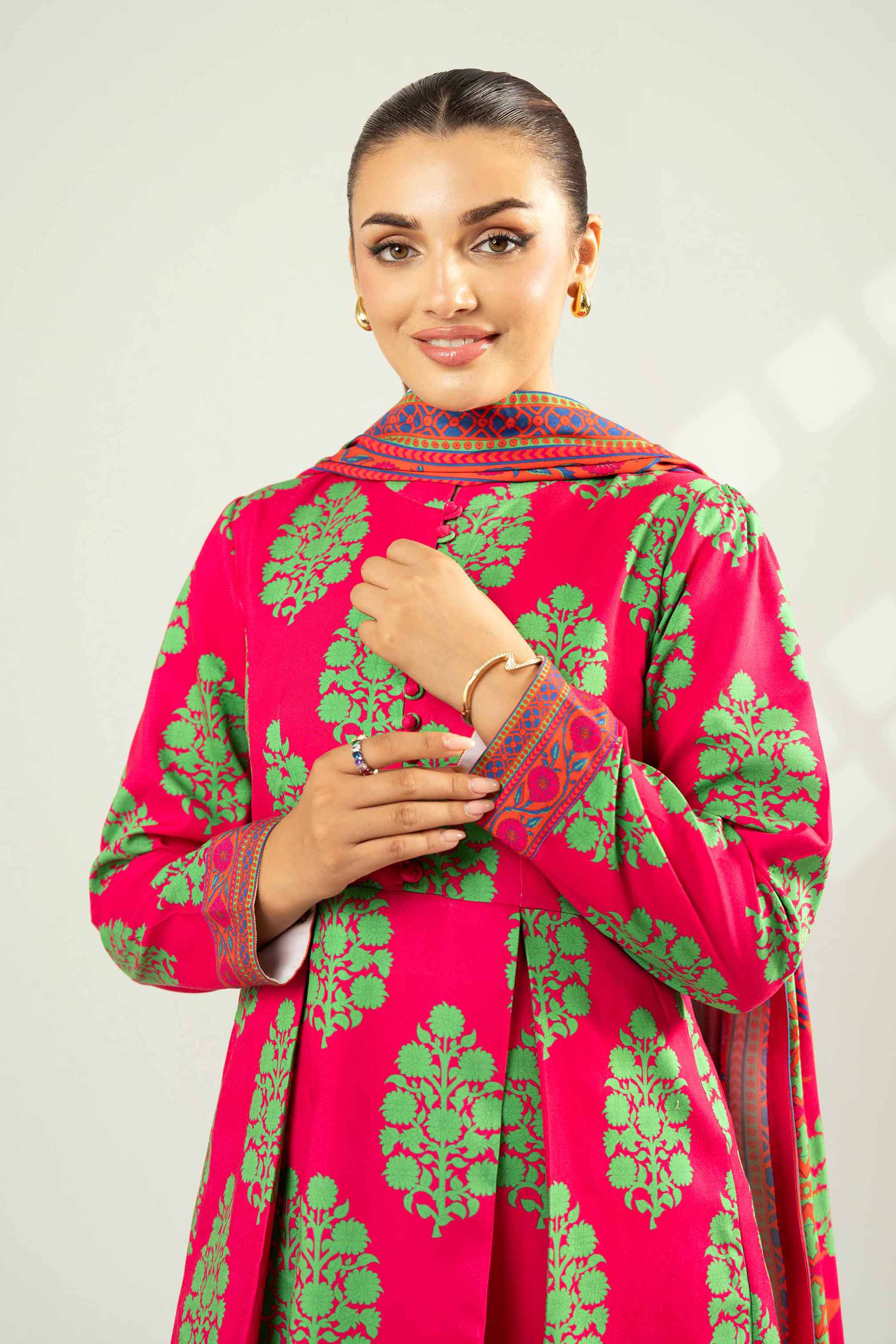 NISHATUAE - Pink Printed Linen 3-piece Unstitched Suit