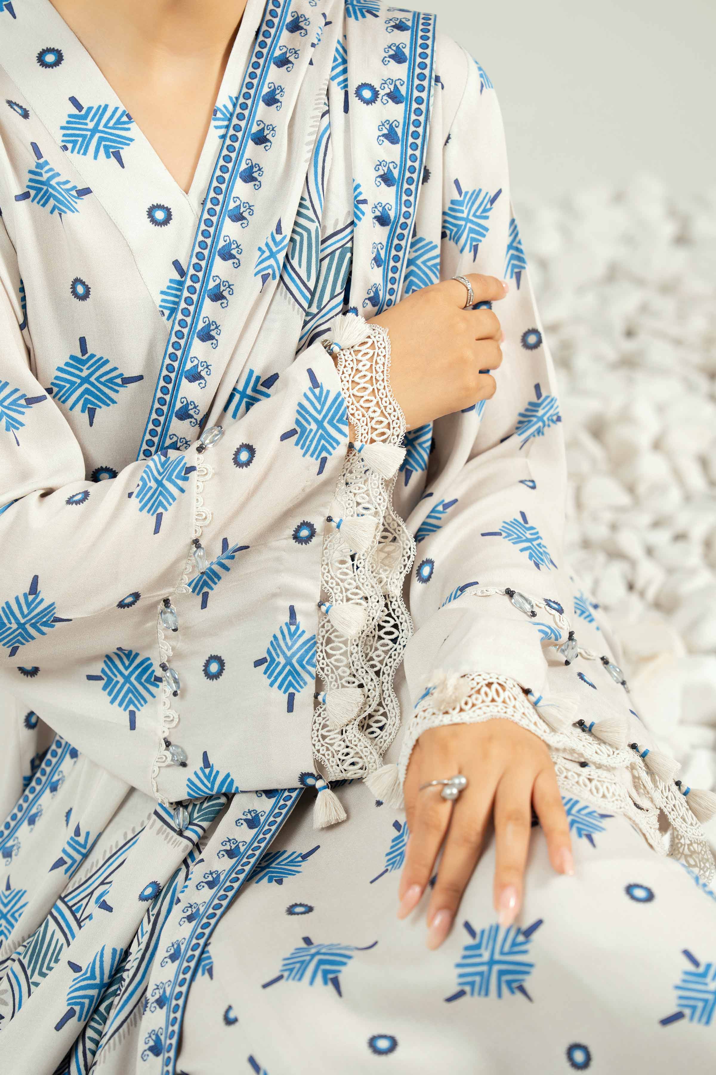 NISHATUAE - White Printed Linen 3-piece Unstitched Suit