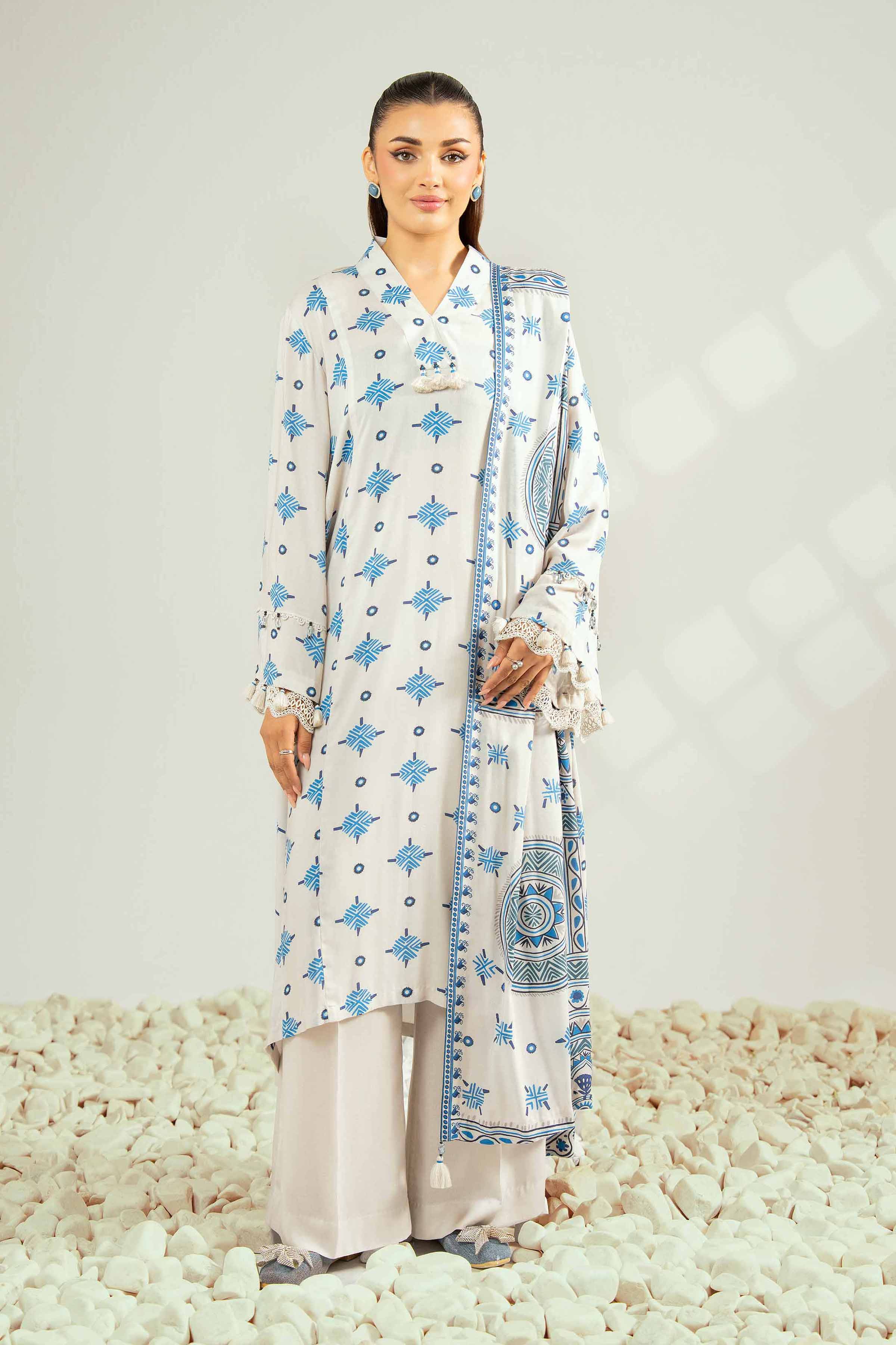 NISHATUAE - White Printed Linen 3-piece Unstitched Suit