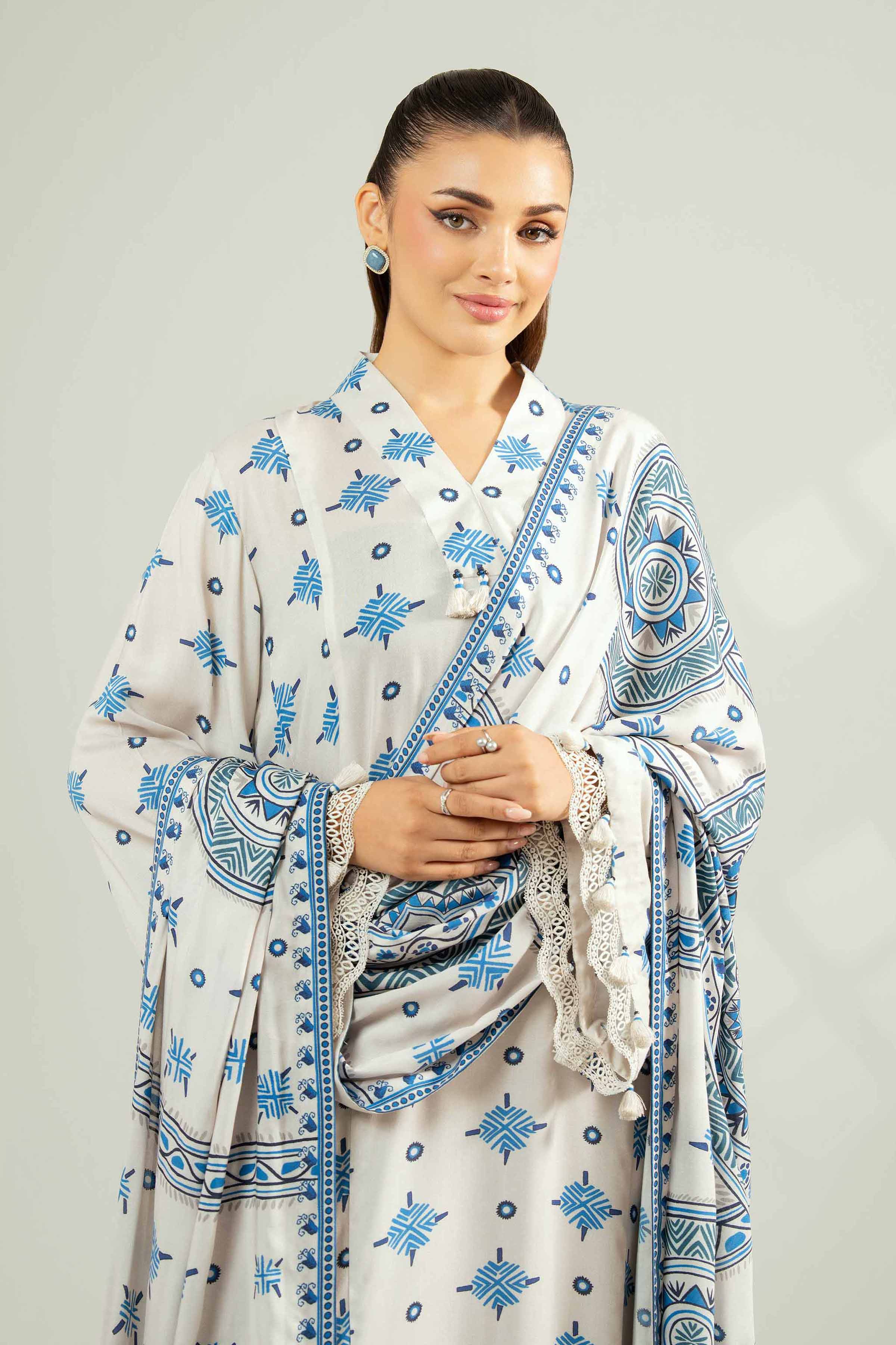 NISHATUAE - White Printed Linen 3-piece Unstitched Suit