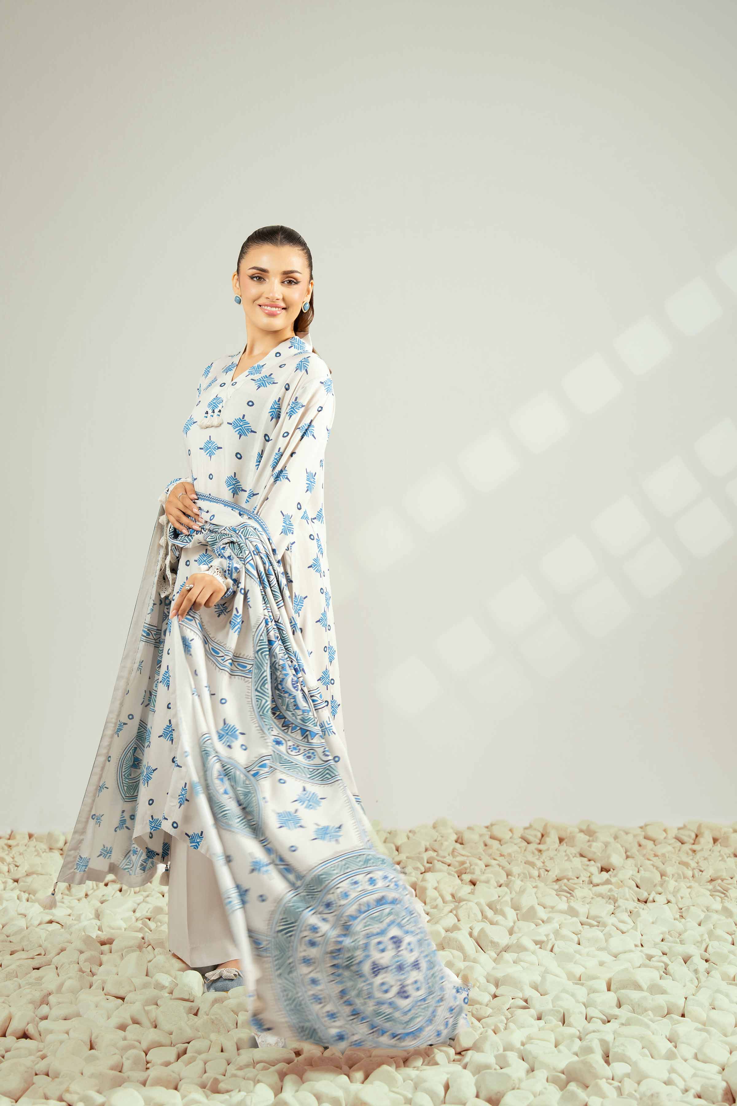 NISHATUAE - White Printed Linen 3-piece Unstitched Suit