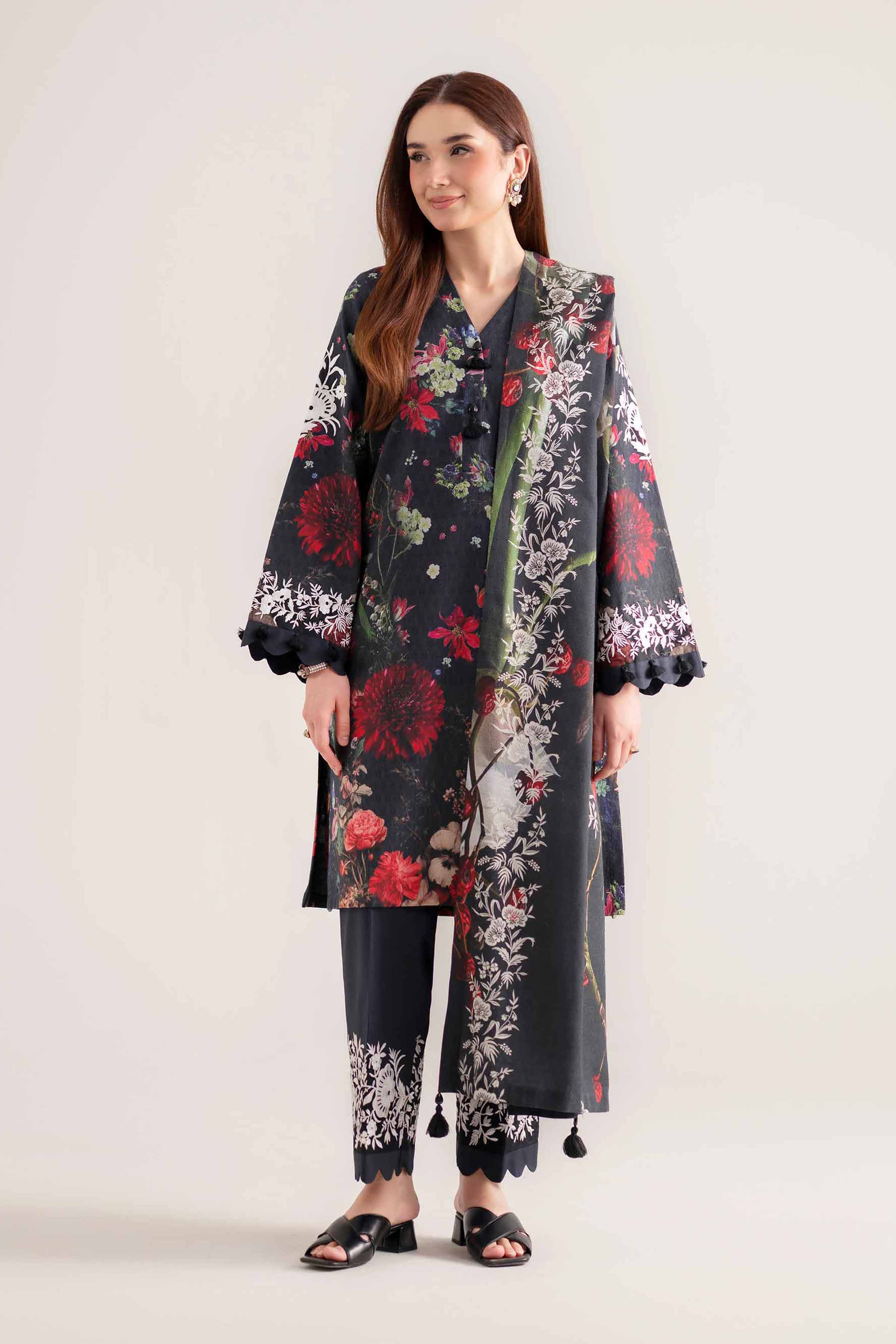 NISHATUAE - Charcoal Embroidered Jacquard 3-piece Unstitched Suit