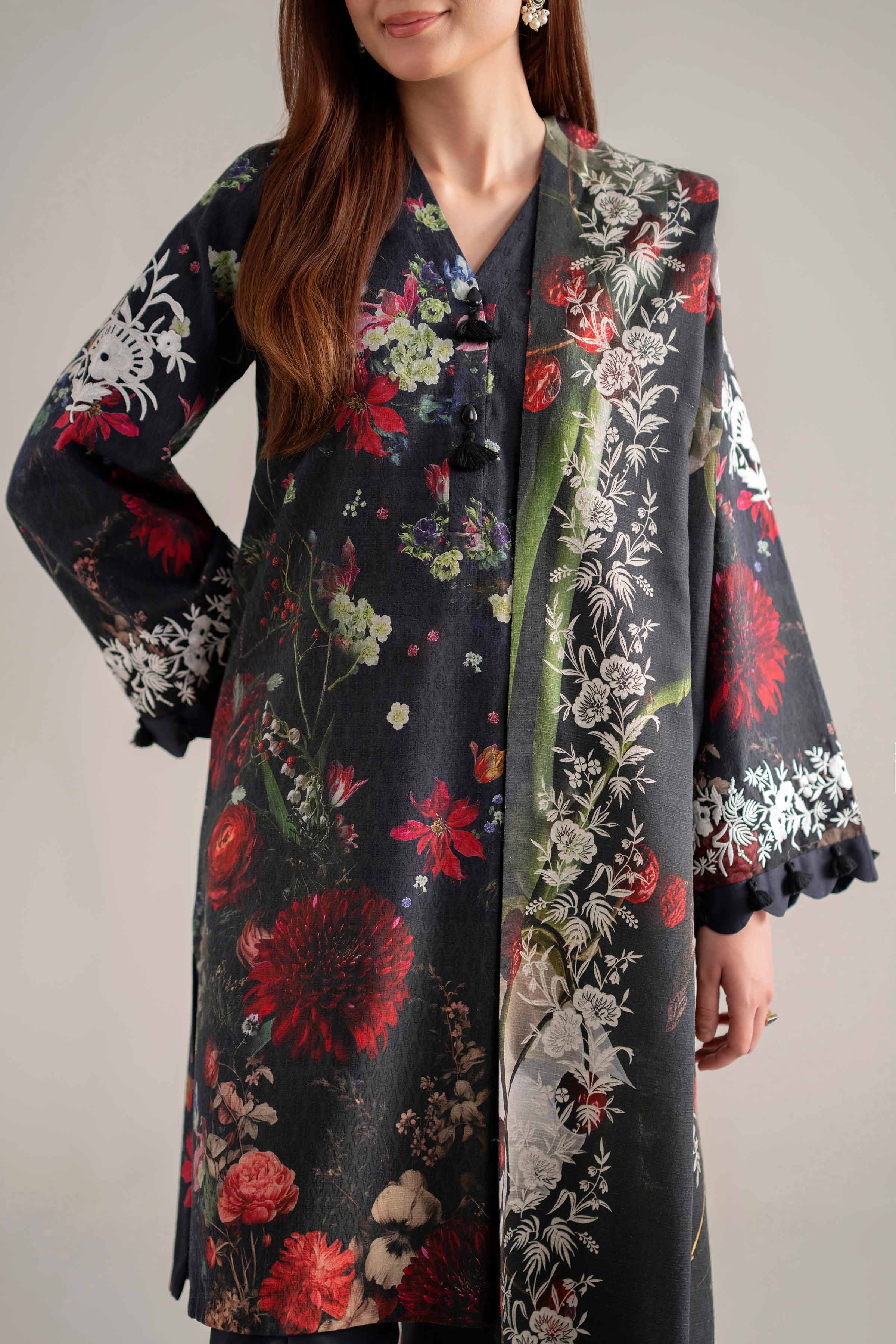 NISHATUAE - Charcoal Embroidered Jacquard 3-piece Unstitched Suit
