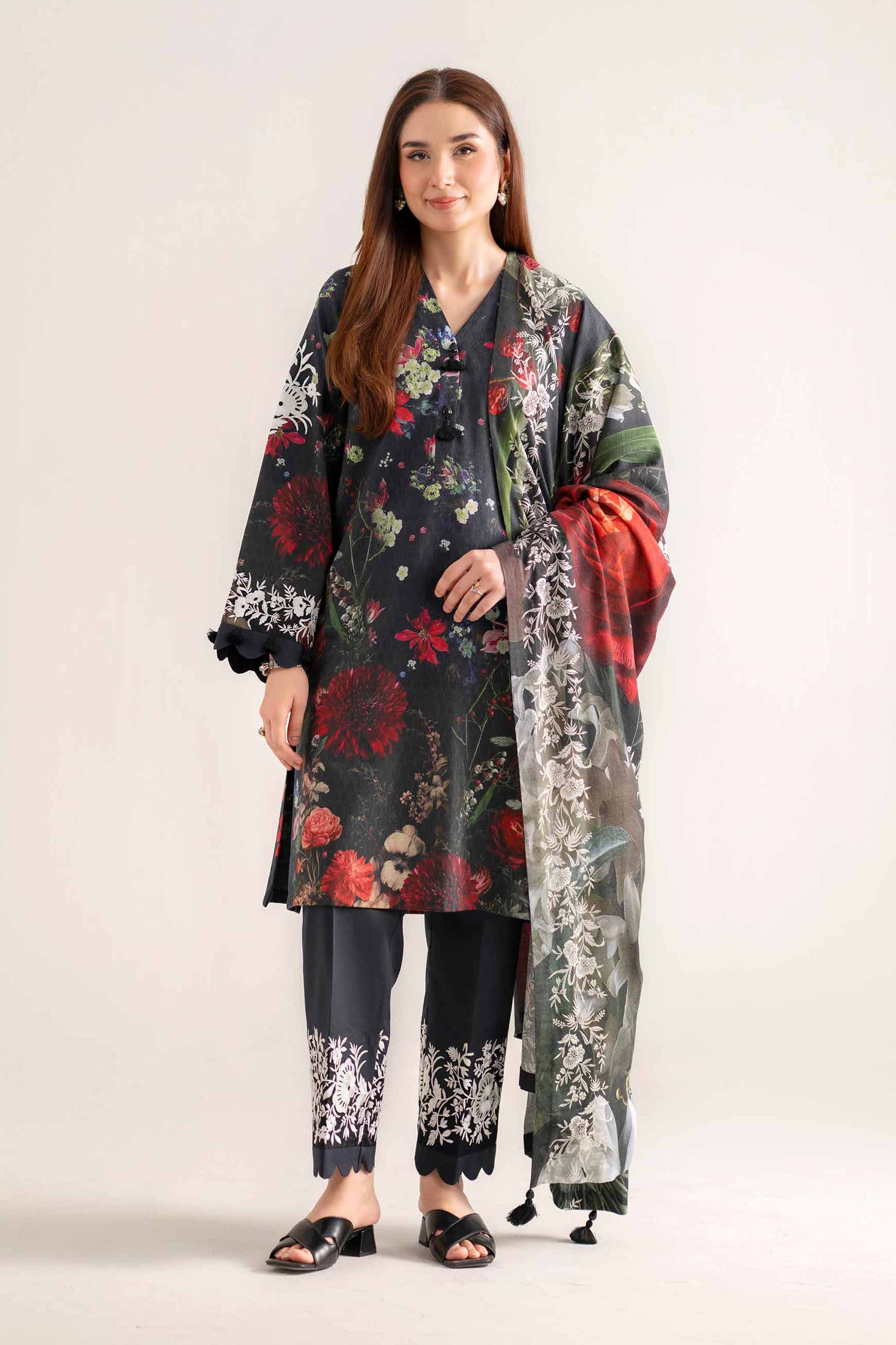 NISHATUAE - Charcoal Embroidered Jacquard 3-piece Unstitched Suit