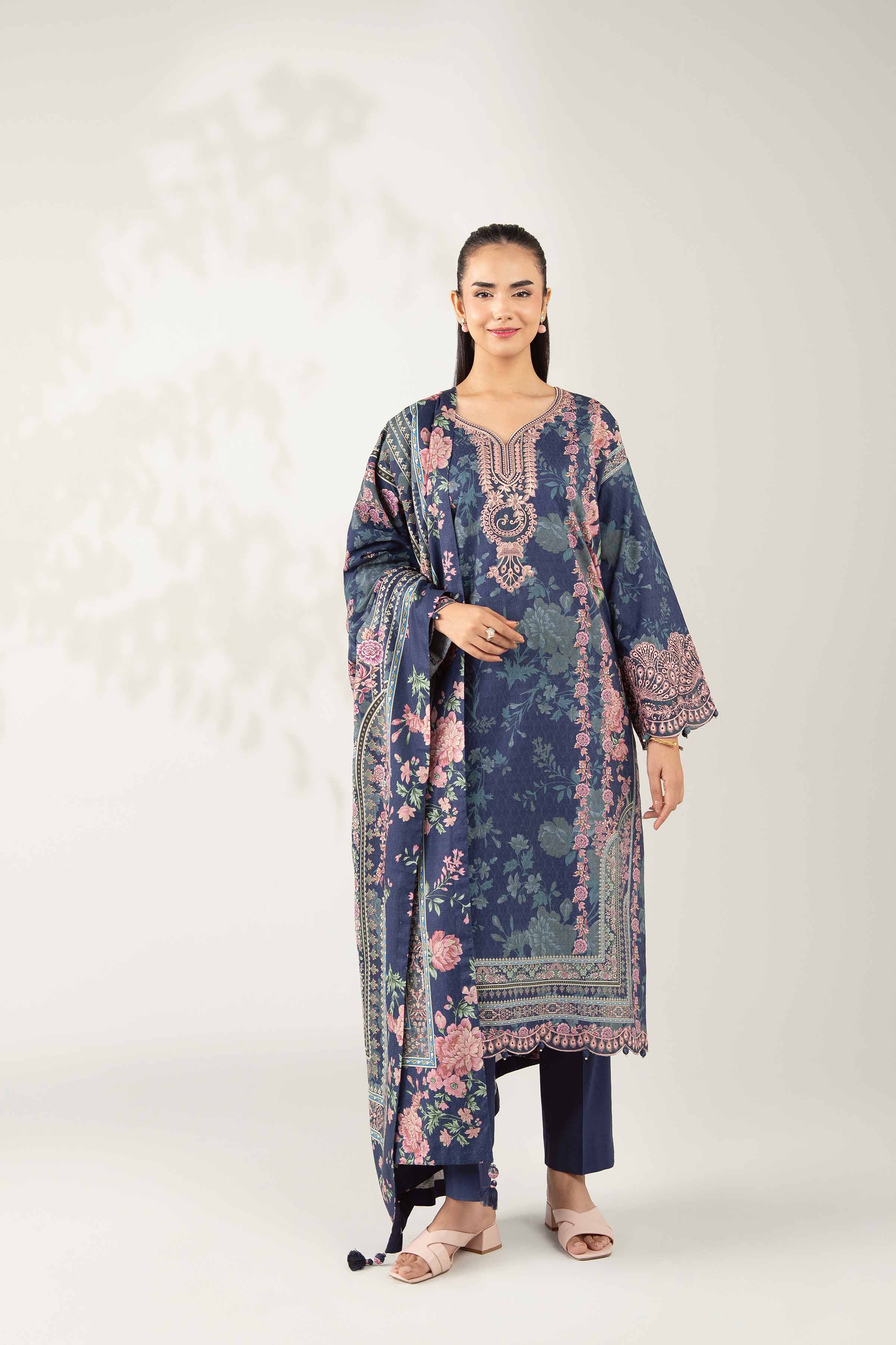 NISHATUAE - Blue Embroidered Jacquard 3-piece Unstitched Suit
