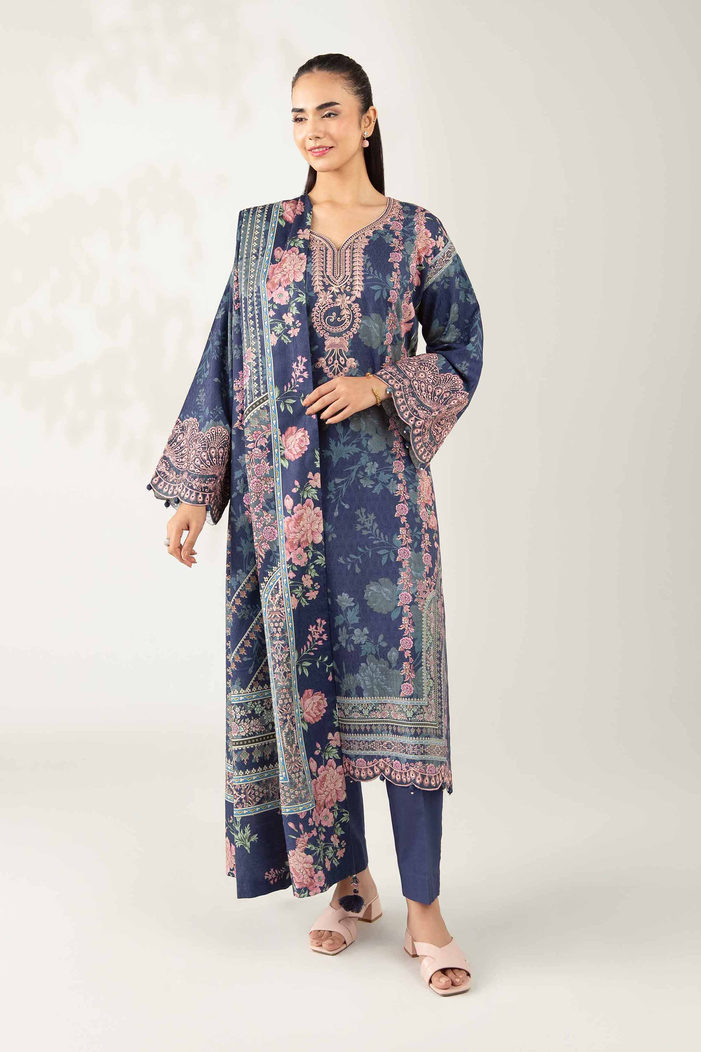 NISHATUAE - Blue Embroidered Jacquard 3-piece Unstitched Suit