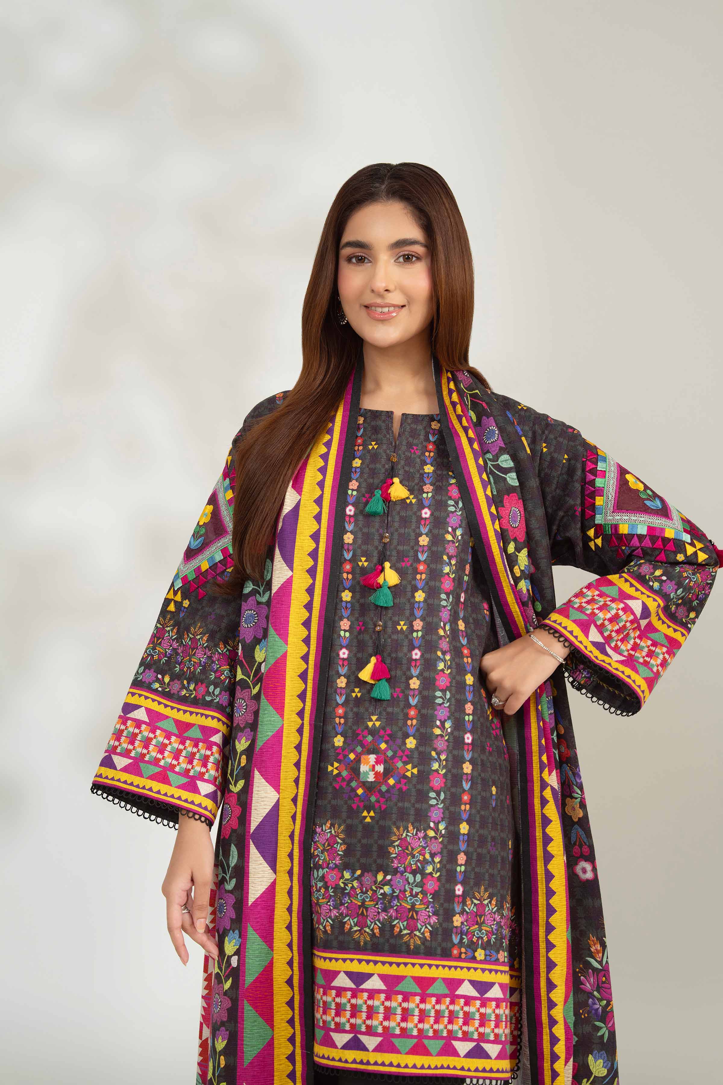 NISHATUAE - Multi Embroidered Jacquard 3-piece Unstitched Suit