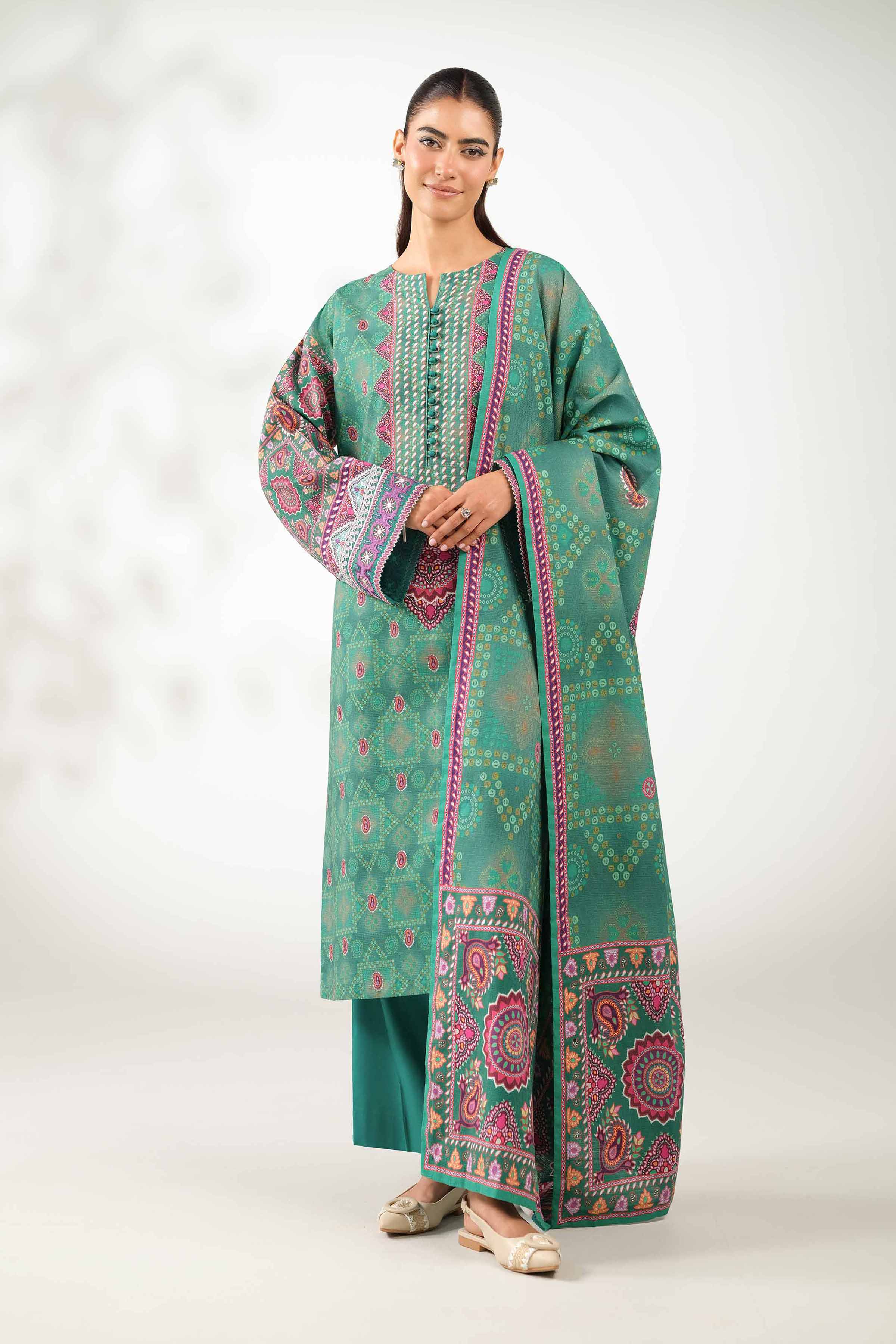 NISHATUAE - Green Embroidered Jacquard 3-piece Unstitched Suit