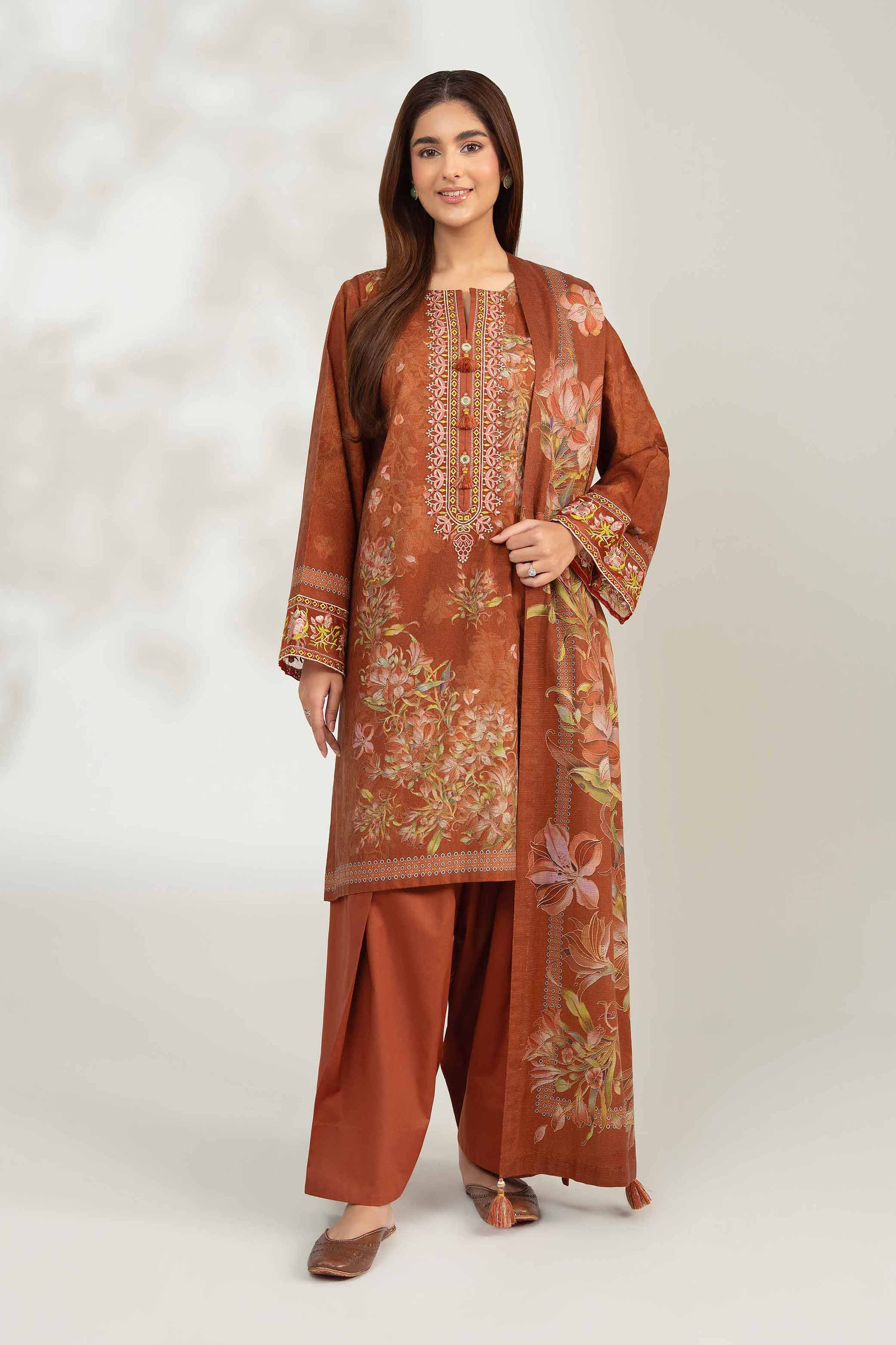 NISHATUAE - Brown Embroidered Jacquard 3-piece Unstitched Suit