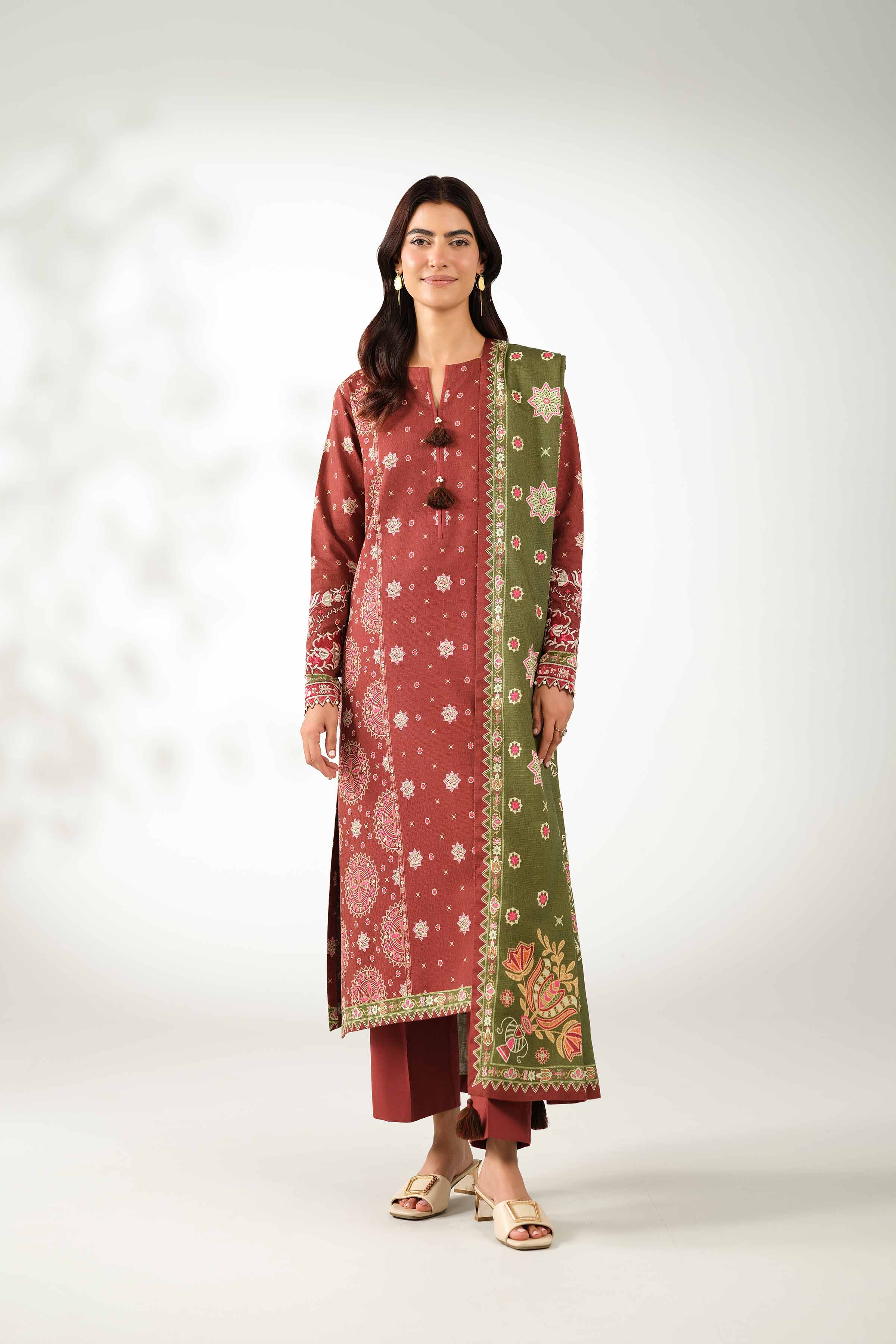 NISHATUAE - Rust Embroidered Jacquard 3-piece Unstitched Suit