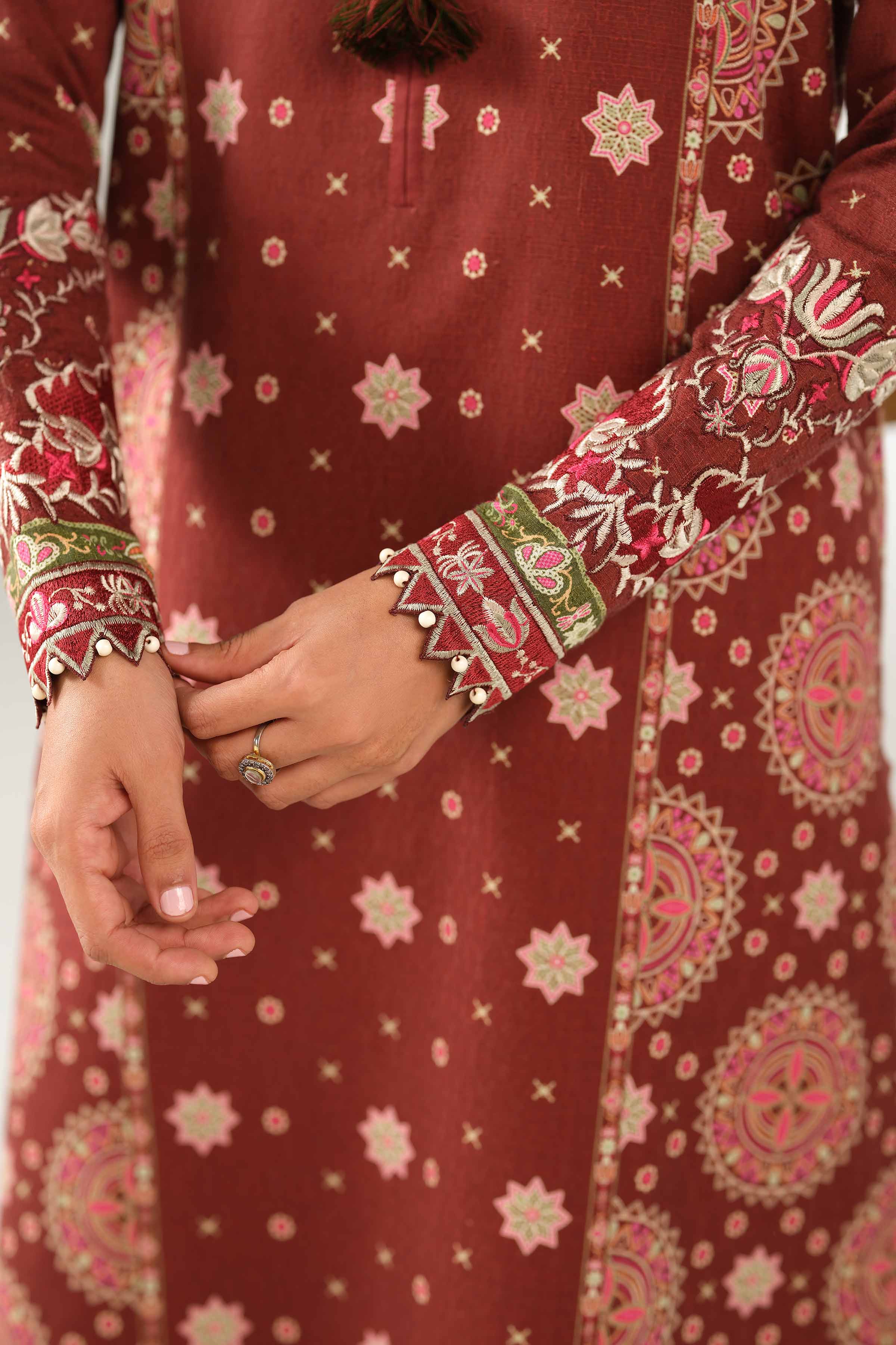 NISHATUAE - Rust Embroidered Jacquard 3-piece Unstitched Suit