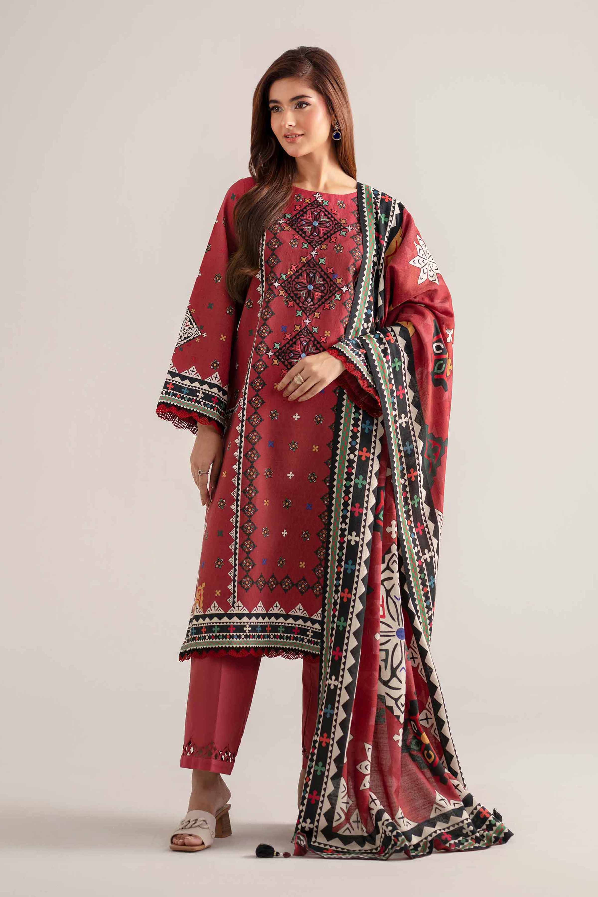 NISHATUAE - Pink Embroidered Jacquard 3-piece Unstitched Suit