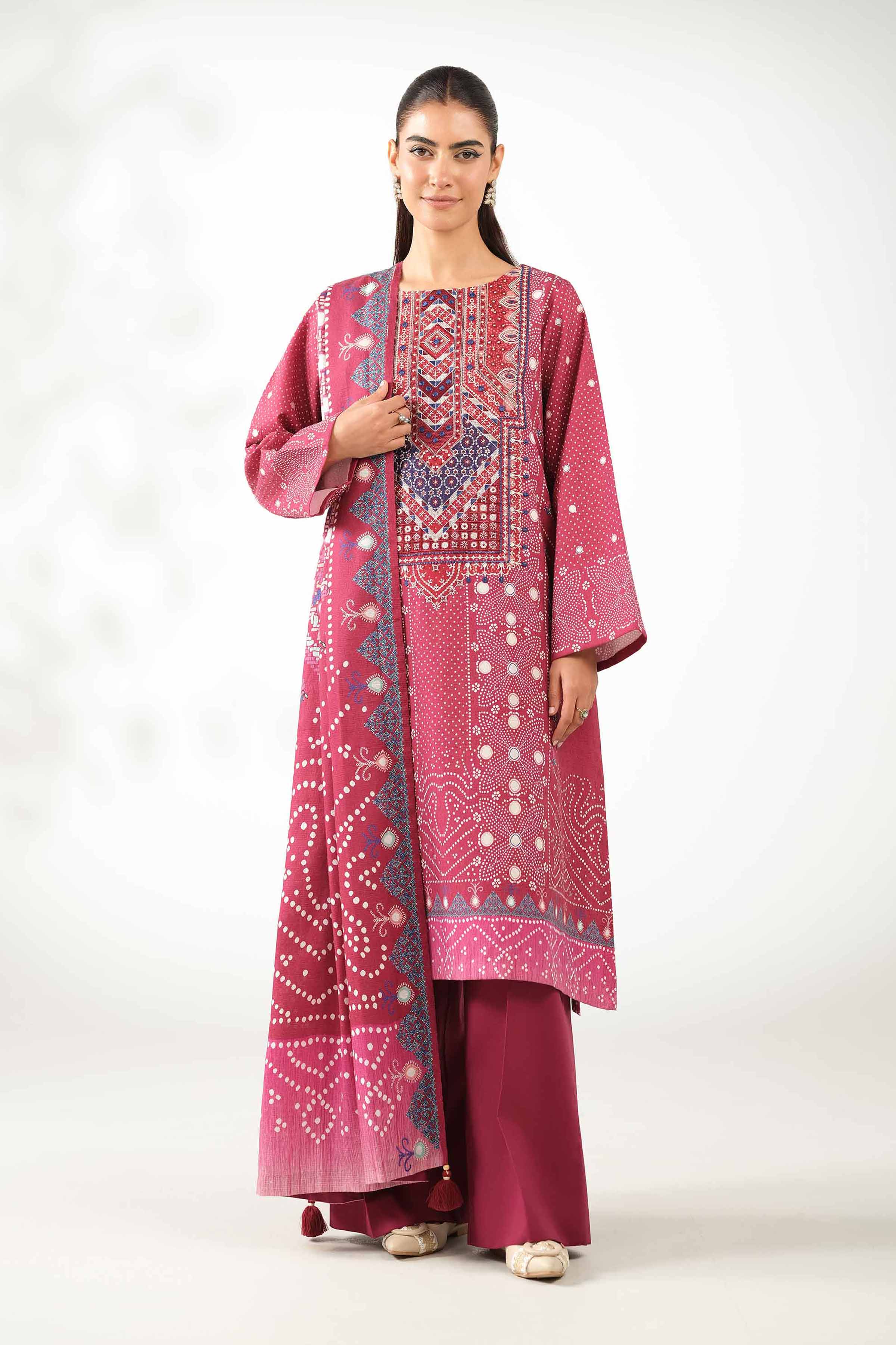 NISHATUAE - Burgundy Embroidered Jacquard 3-piece Unstitched Suit