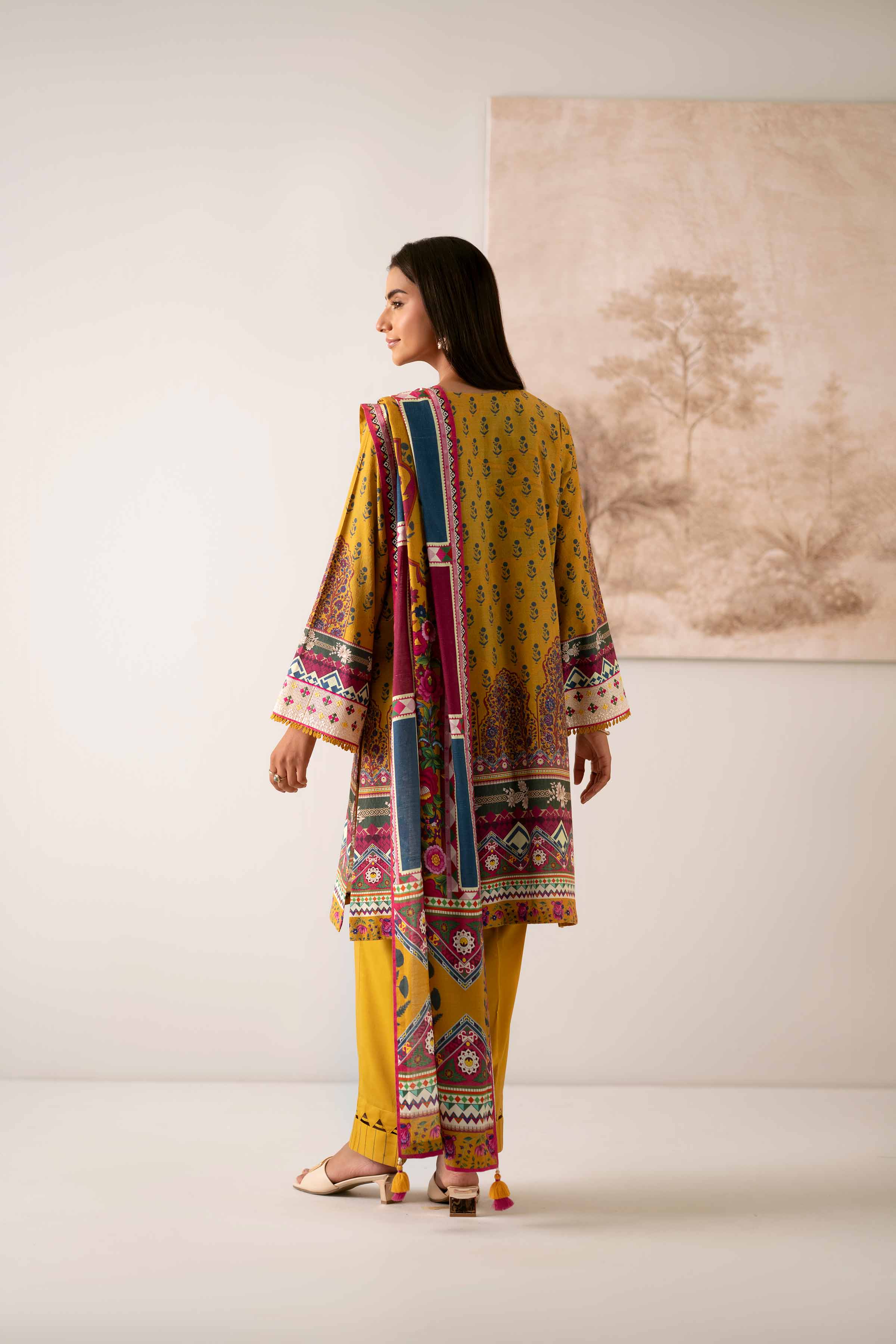 NISHATUAE - Mustard Embroidered Jacquard 3-piece Unstitched Suit