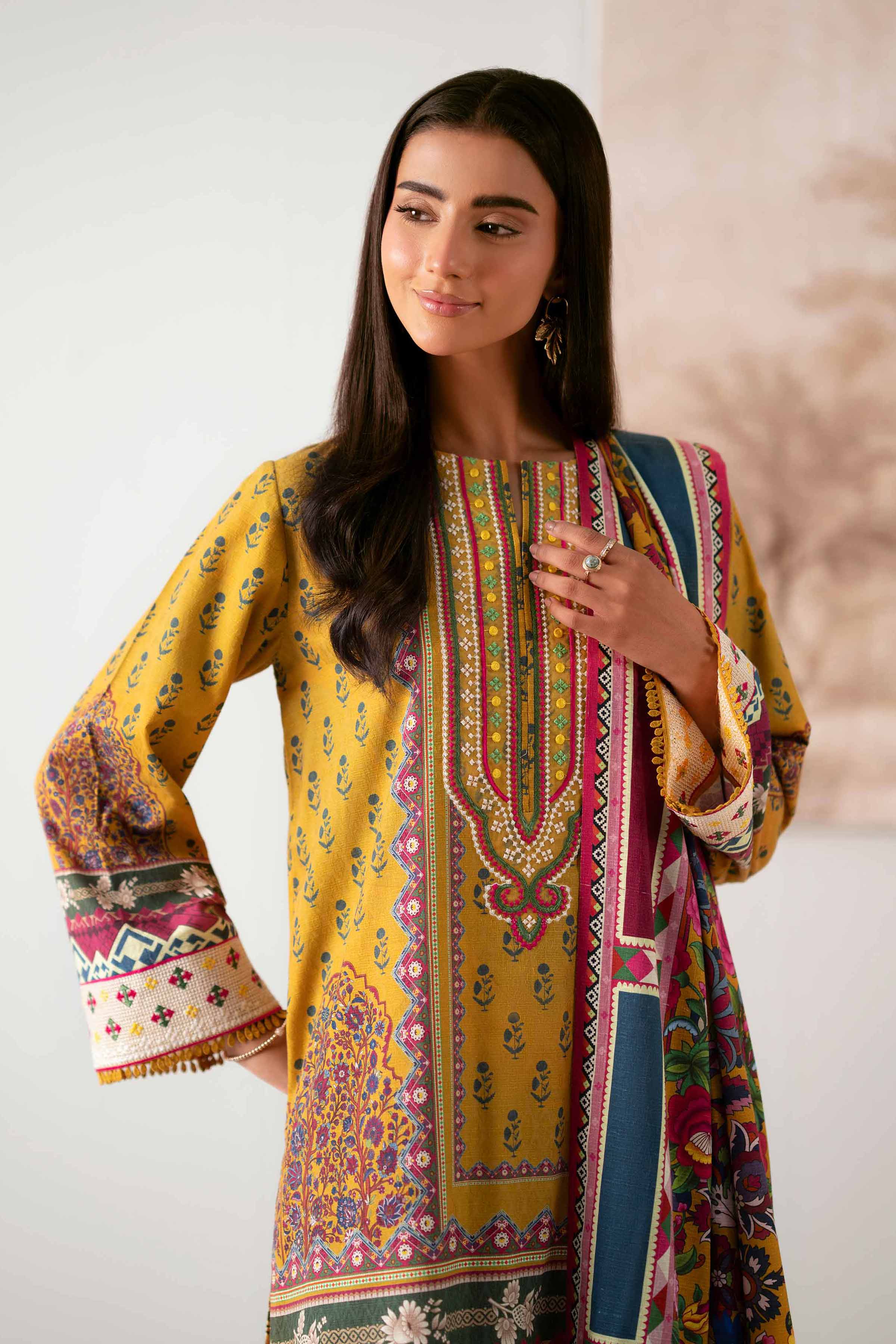 NISHATUAE - Mustard Embroidered Jacquard 3-piece Unstitched Suit