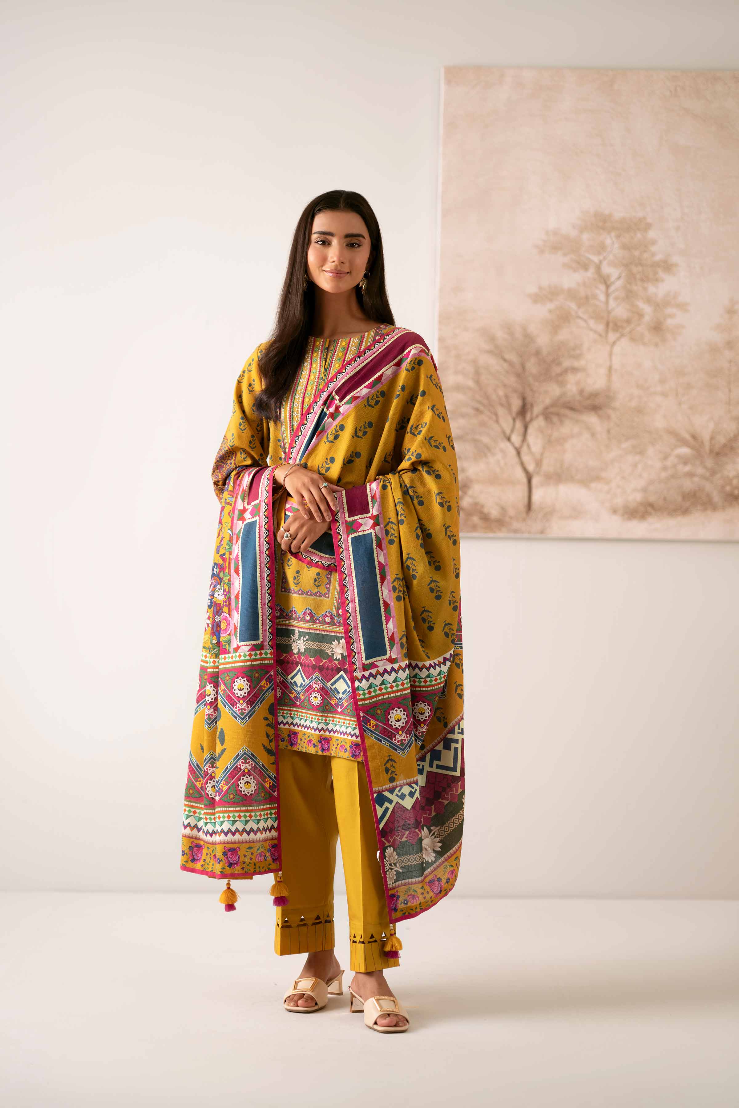 NISHATUAE - Mustard Embroidered Jacquard 3-piece Unstitched Suit