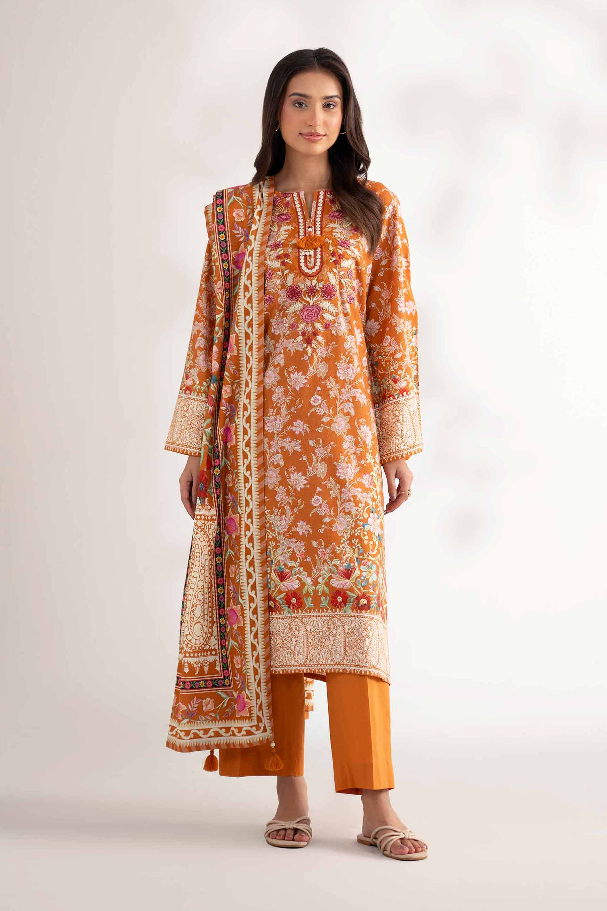 NISHATUAE - Mustard Embroidered Jacquard 3-piece Unstitched Suit